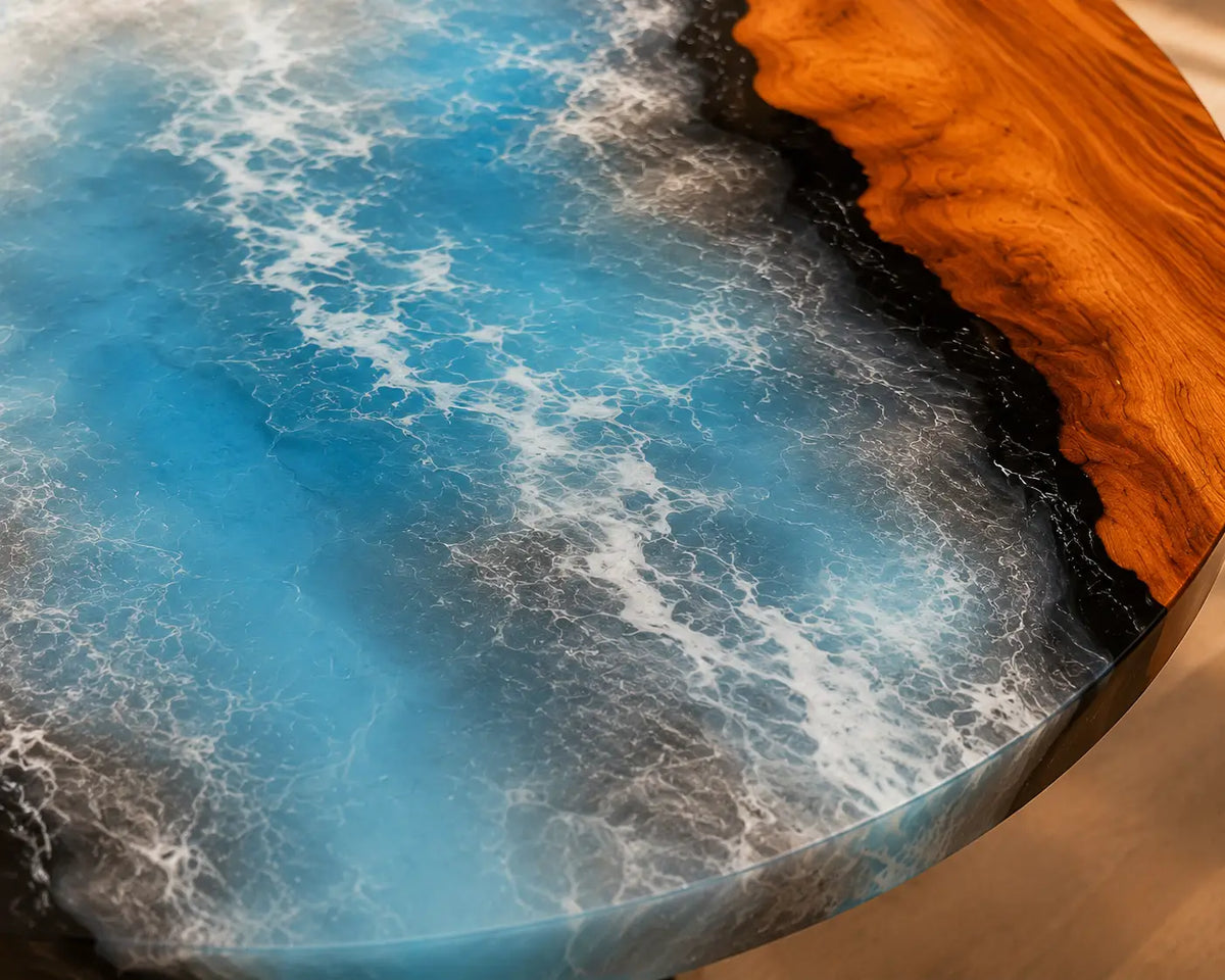 ERTC12 Coastal Crest Ocean Foam Epoxy Walnut Round Table featuring handcrafted walnut wood and ocean foam resin-2