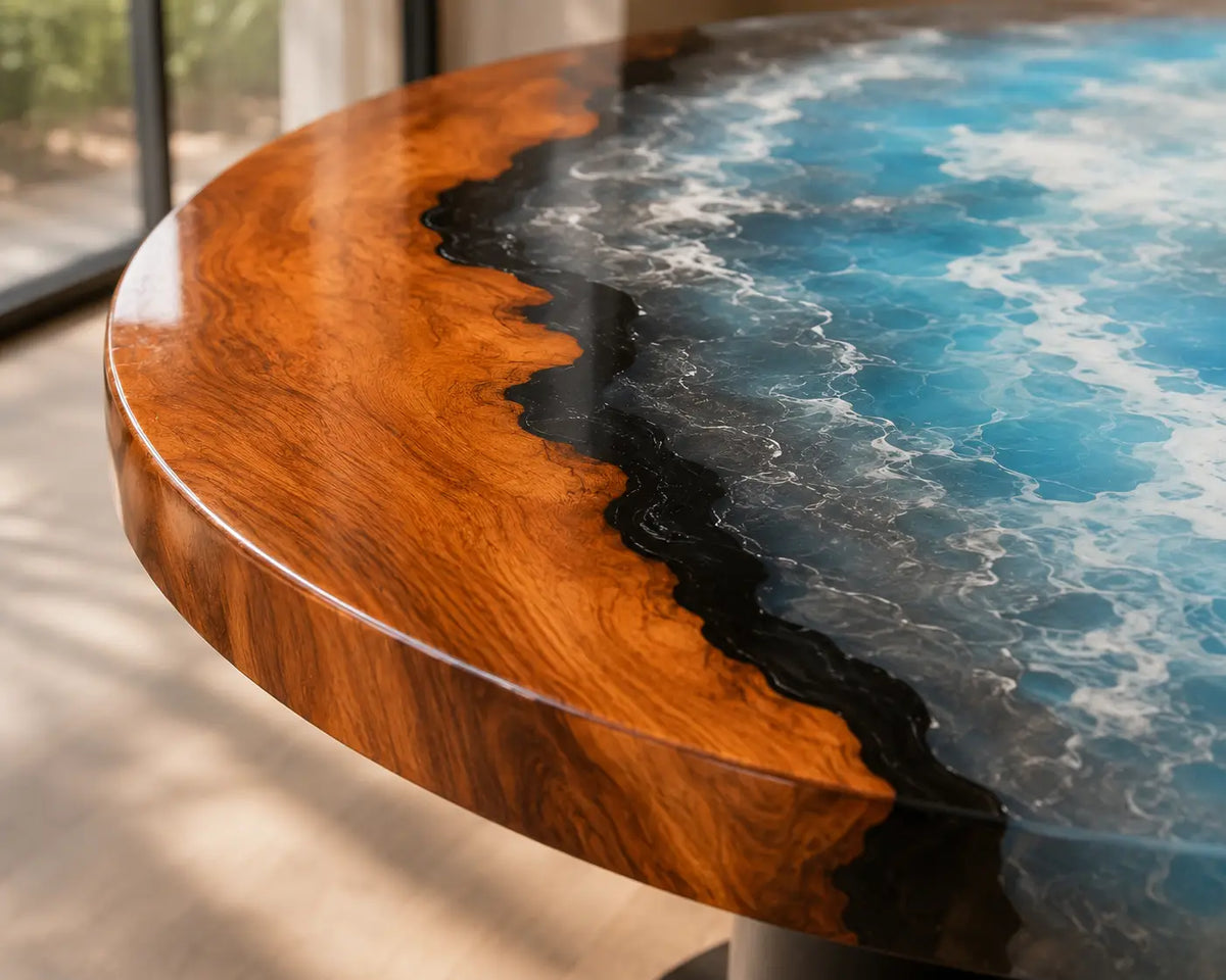 ERTC12 Coastal Crest Ocean Foam Epoxy Walnut Round Table featuring handcrafted walnut wood and ocean foam resin-3
