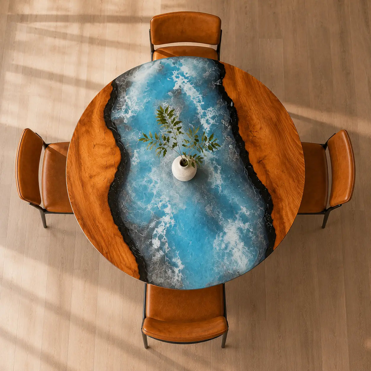 ERTC12 Coastal Crest Ocean Foam Epoxy Walnut Round Table featuring handcrafted walnut wood and ocean foam resin-4