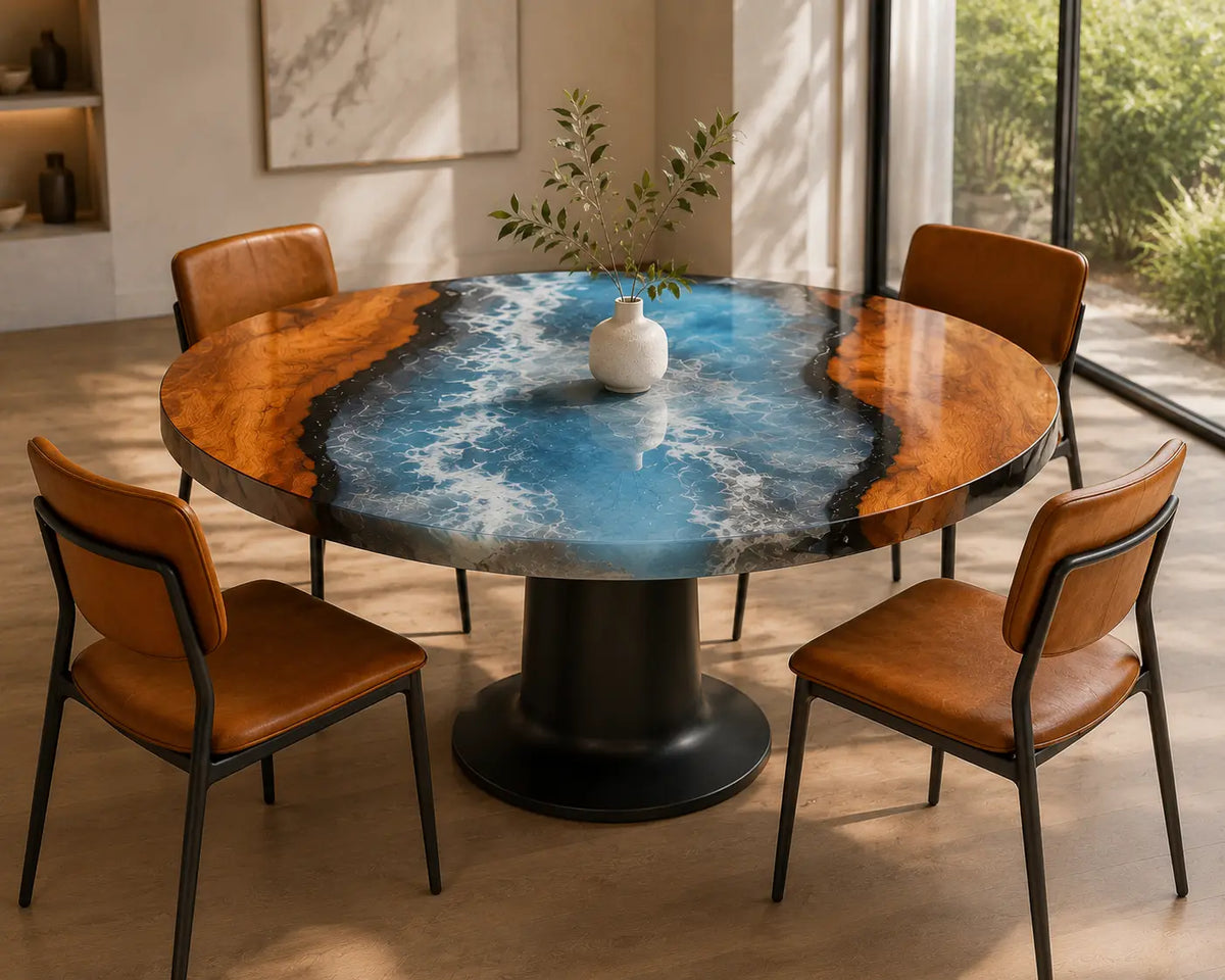 ERTC12 Coastal Crest Ocean Foam Epoxy Walnut Round Table featuring handcrafted walnut wood and ocean foam resin-5