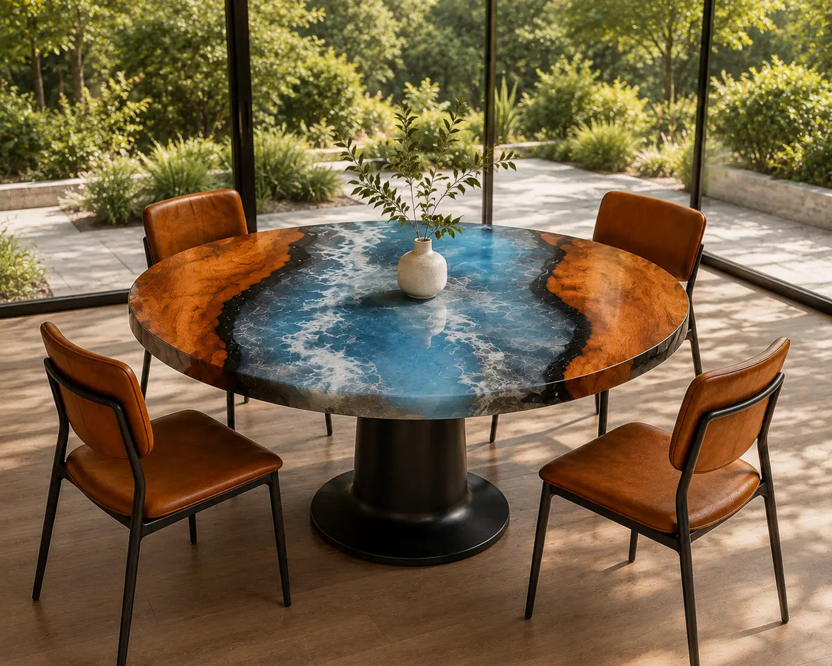 ERTC12 Coastal Crest Ocean Foam Epoxy Walnut Round Table featuring handcrafted walnut wood and ocean foam resin-6