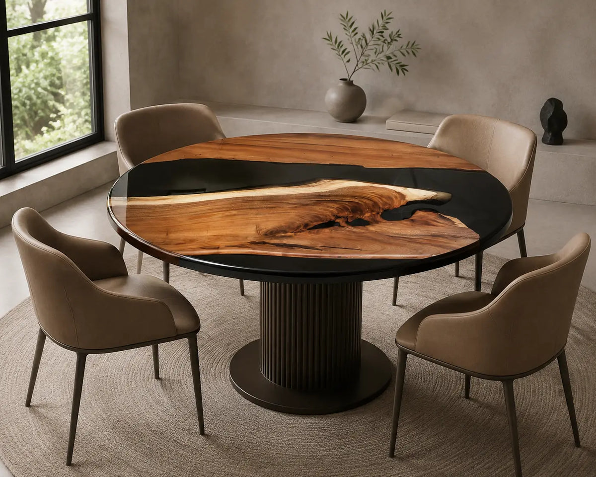 ERTC13 Onyx Cape Jet Black Epoxy Walnut Round Table featuring handcrafted walnut wood and jet black resin-1