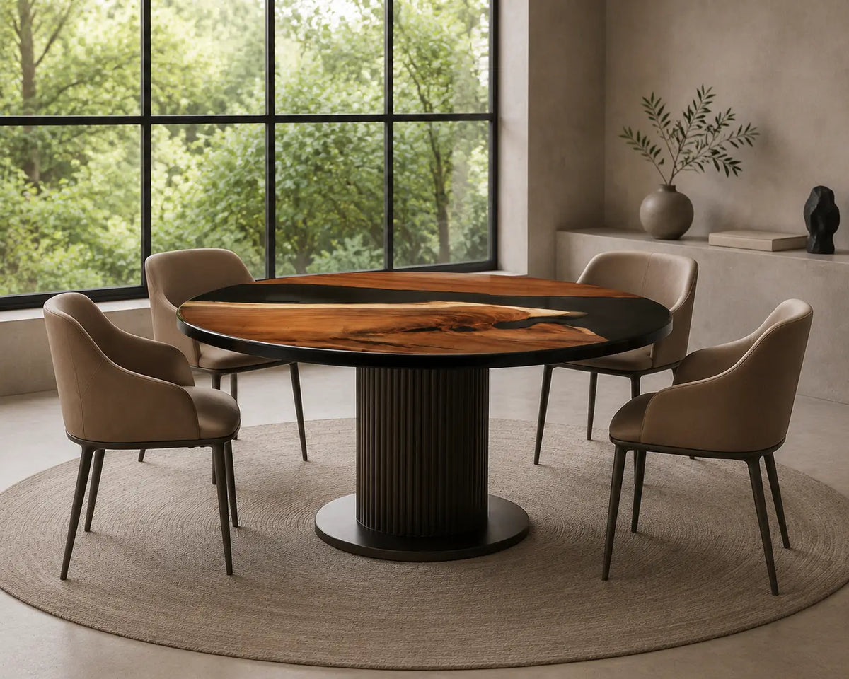 ERTC13 Onyx Cape Jet Black Epoxy Walnut Round Table featuring handcrafted walnut wood and jet black resin-4