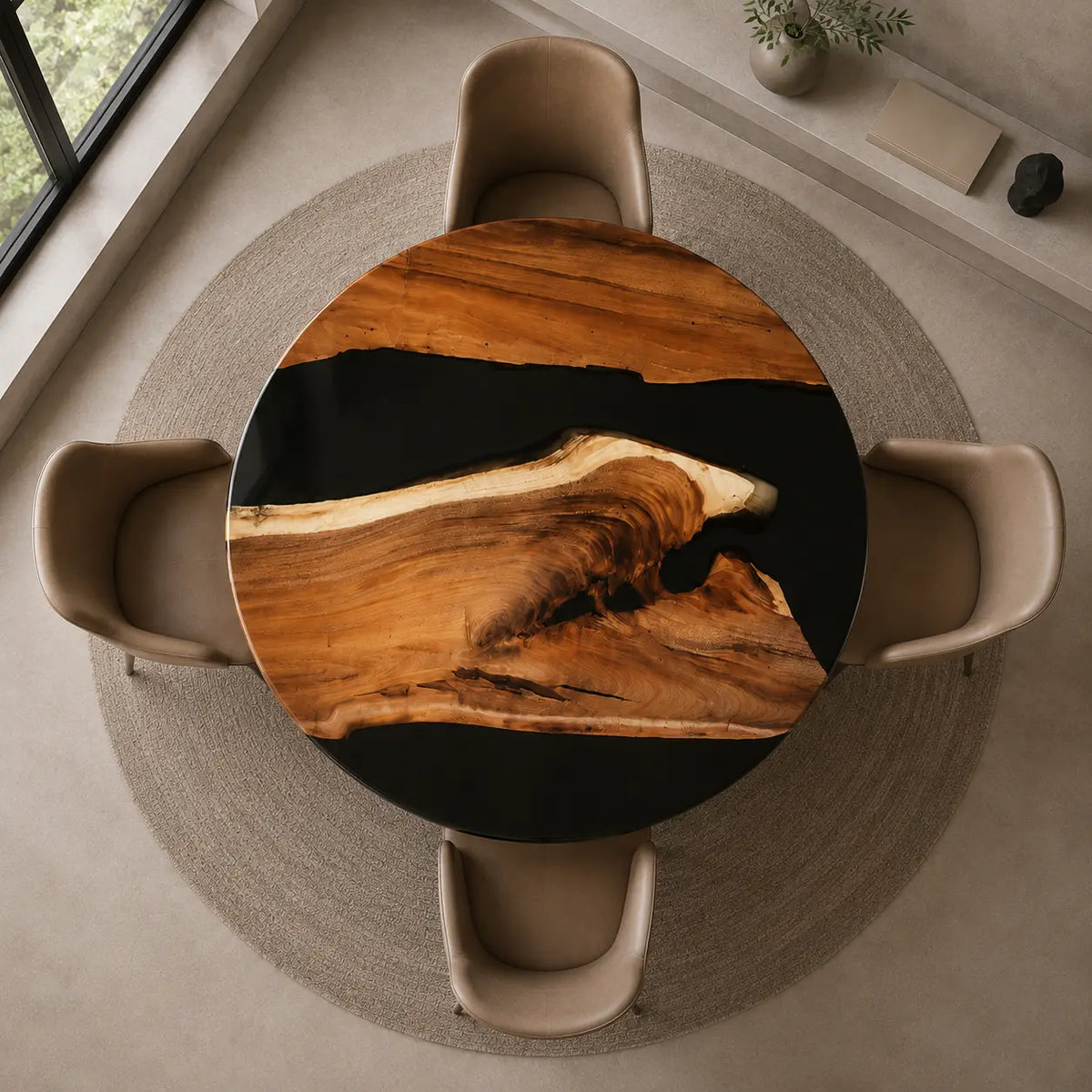 ERTC13 Onyx Cape Jet Black Epoxy Walnut Round Table featuring handcrafted walnut wood and jet black resin-5