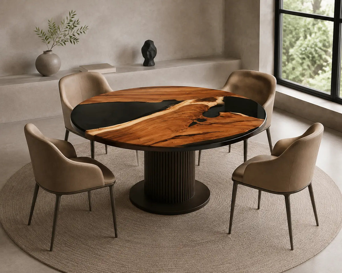 ERTC13 Onyx Cape Jet Black Epoxy Walnut Round Table featuring handcrafted walnut wood and jet black resin-6