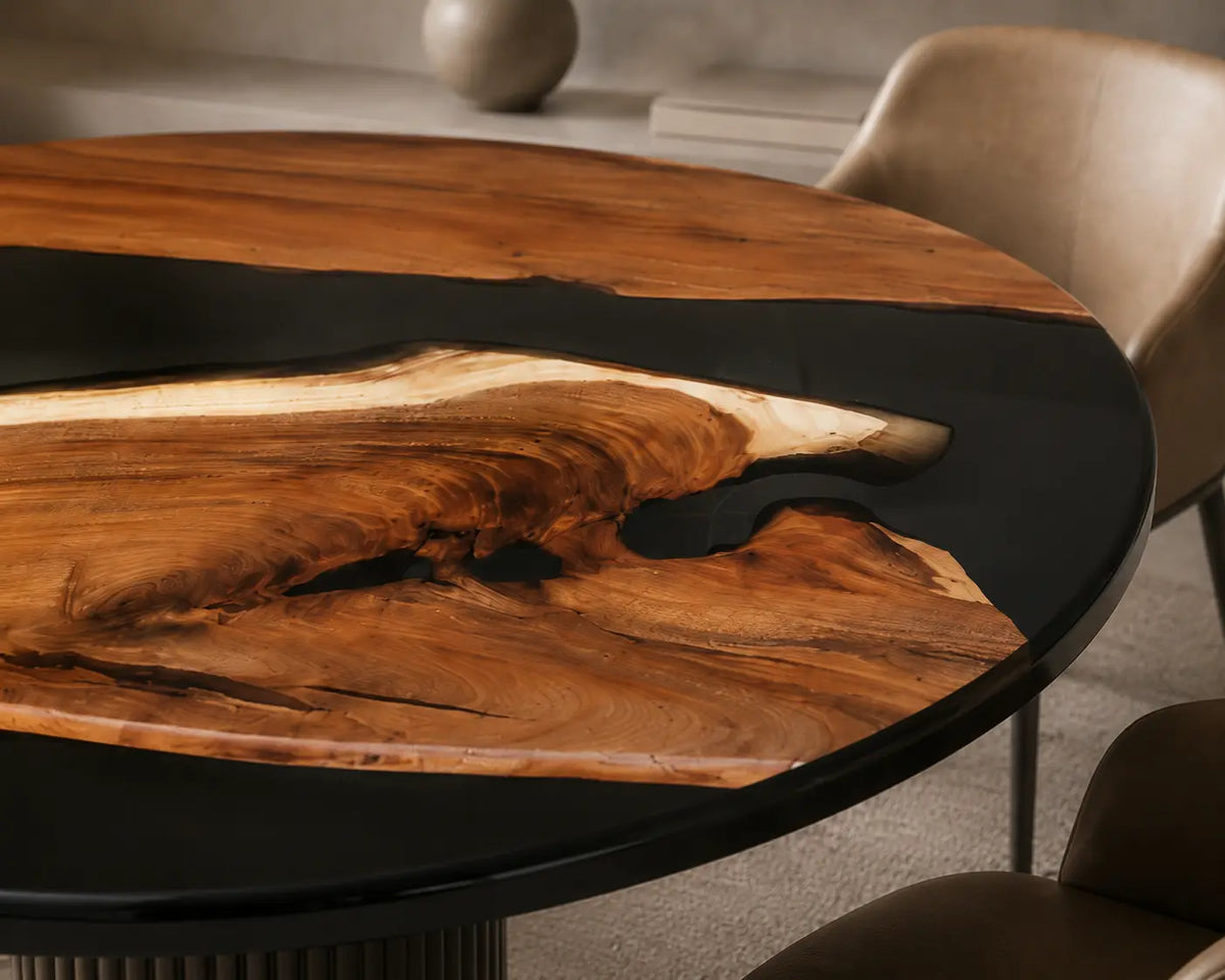 ERTC13 Onyx Cape Jet Black Epoxy Walnut Round Table featuring handcrafted walnut wood and jet black resin-2
