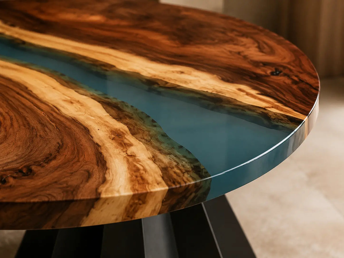 ERTC14 Ocean Bend Ocean Blue Epoxy Walnut Round Table featuring handcrafted walnut wood and ocean blue resin-1