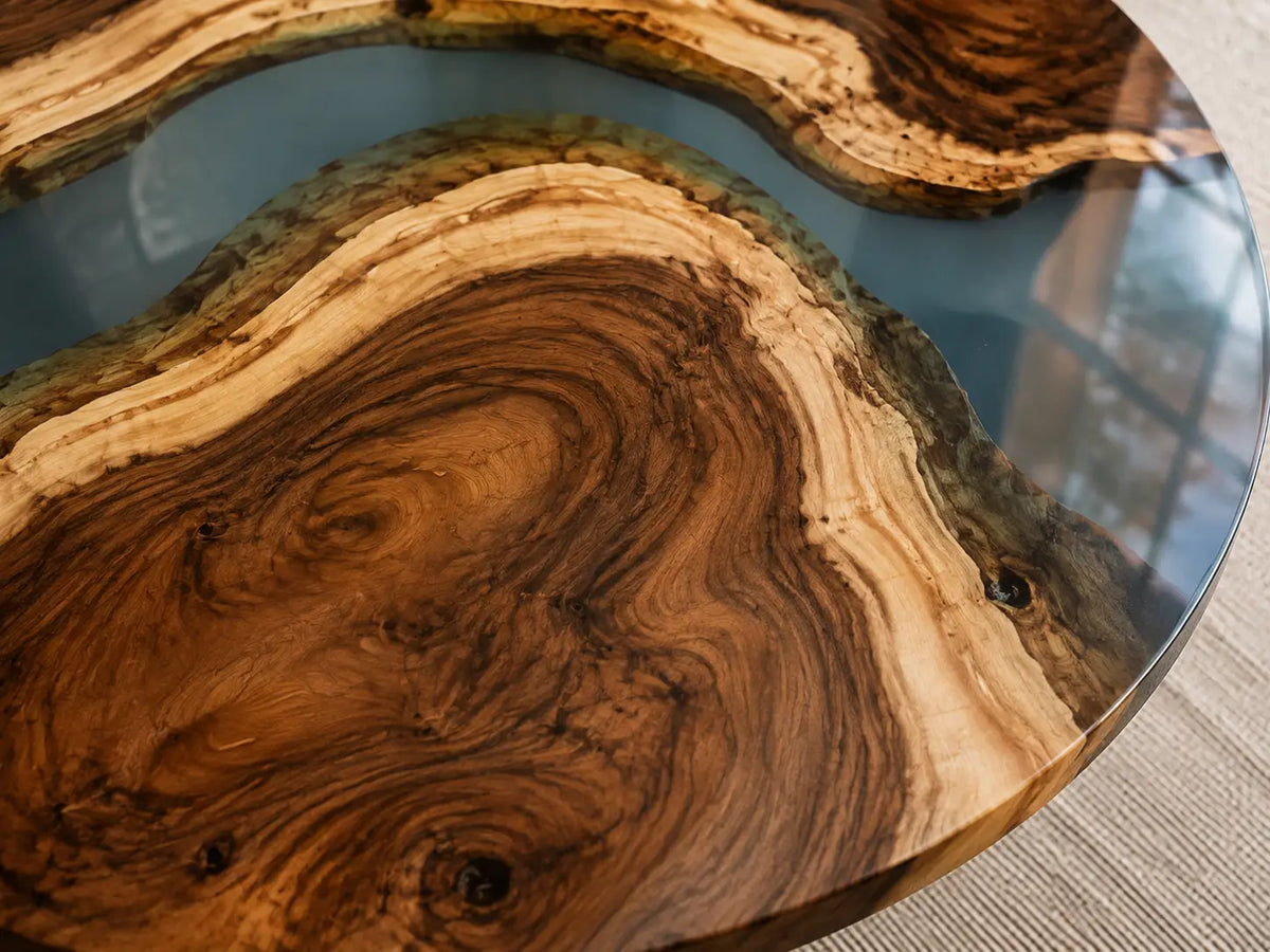 ERTC14 Ocean Bend Ocean Blue Epoxy Walnut Round Table featuring handcrafted walnut wood and ocean blue resin-2