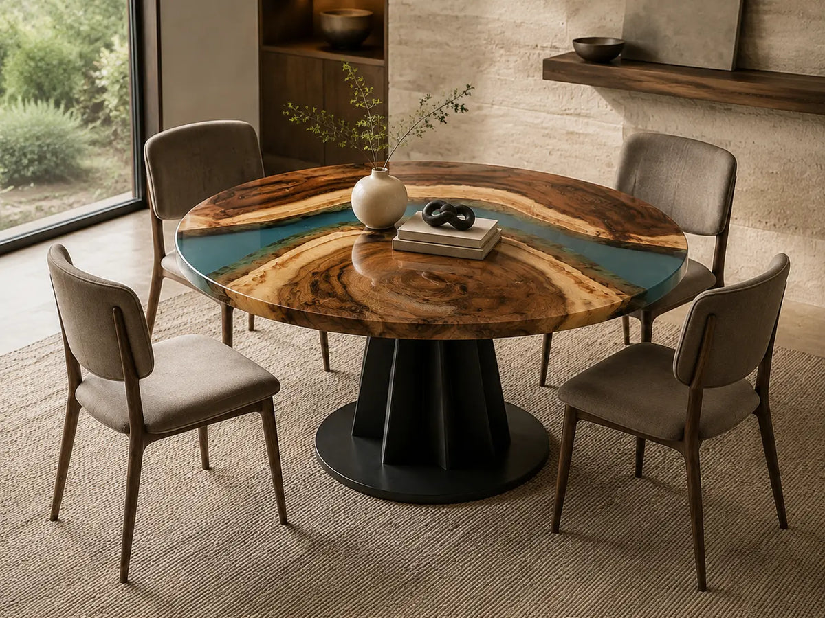 ERTC14 Ocean Bend Ocean Blue Epoxy Walnut Round Table featuring handcrafted walnut wood and ocean blue resin-3