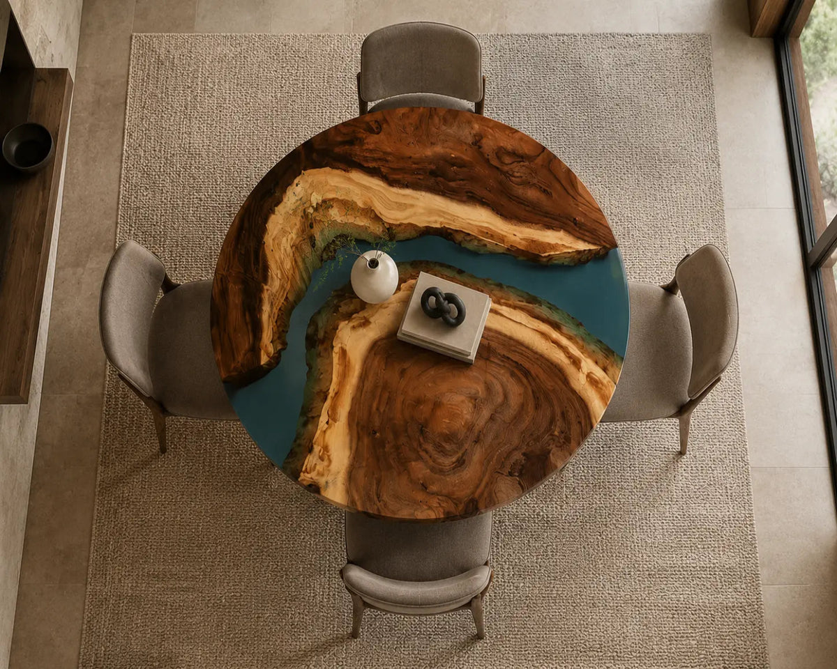 ERTC14 Ocean Bend Ocean Blue Epoxy Walnut Round Table featuring handcrafted walnut wood and ocean blue resin-4