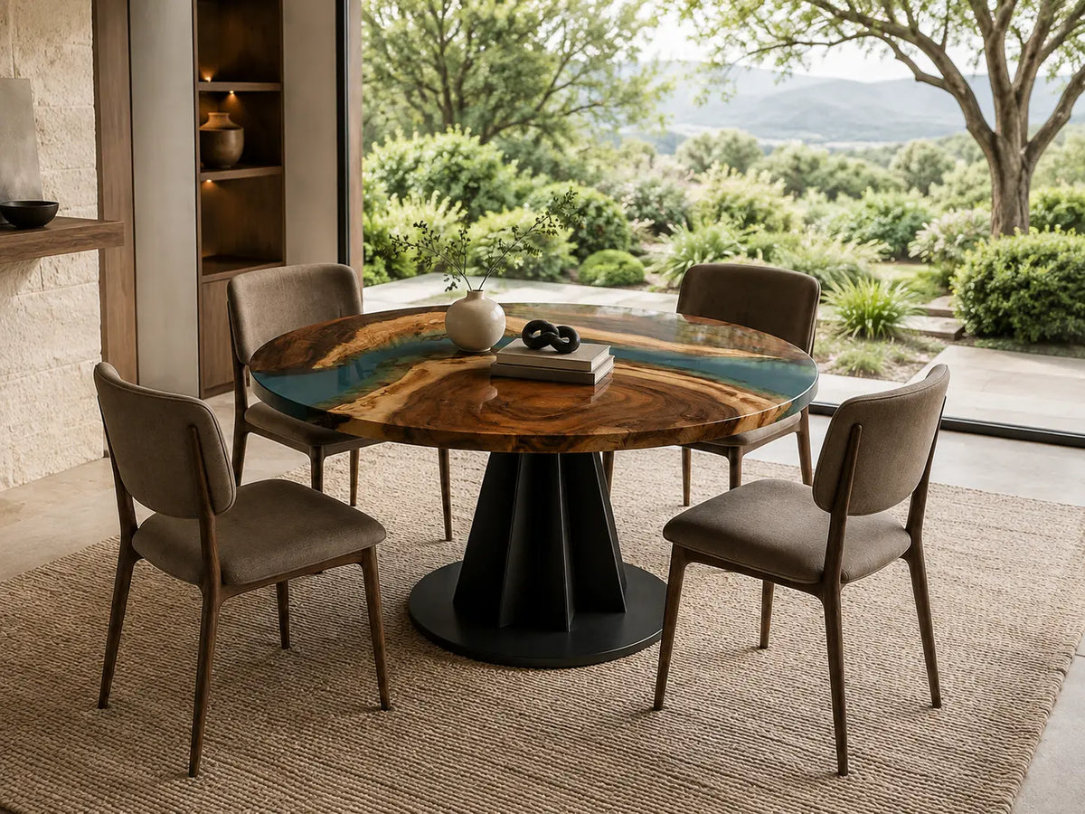 ERTC14 Ocean Bend Ocean Blue Epoxy Walnut Round Table featuring handcrafted walnut wood and ocean blue resin-5
