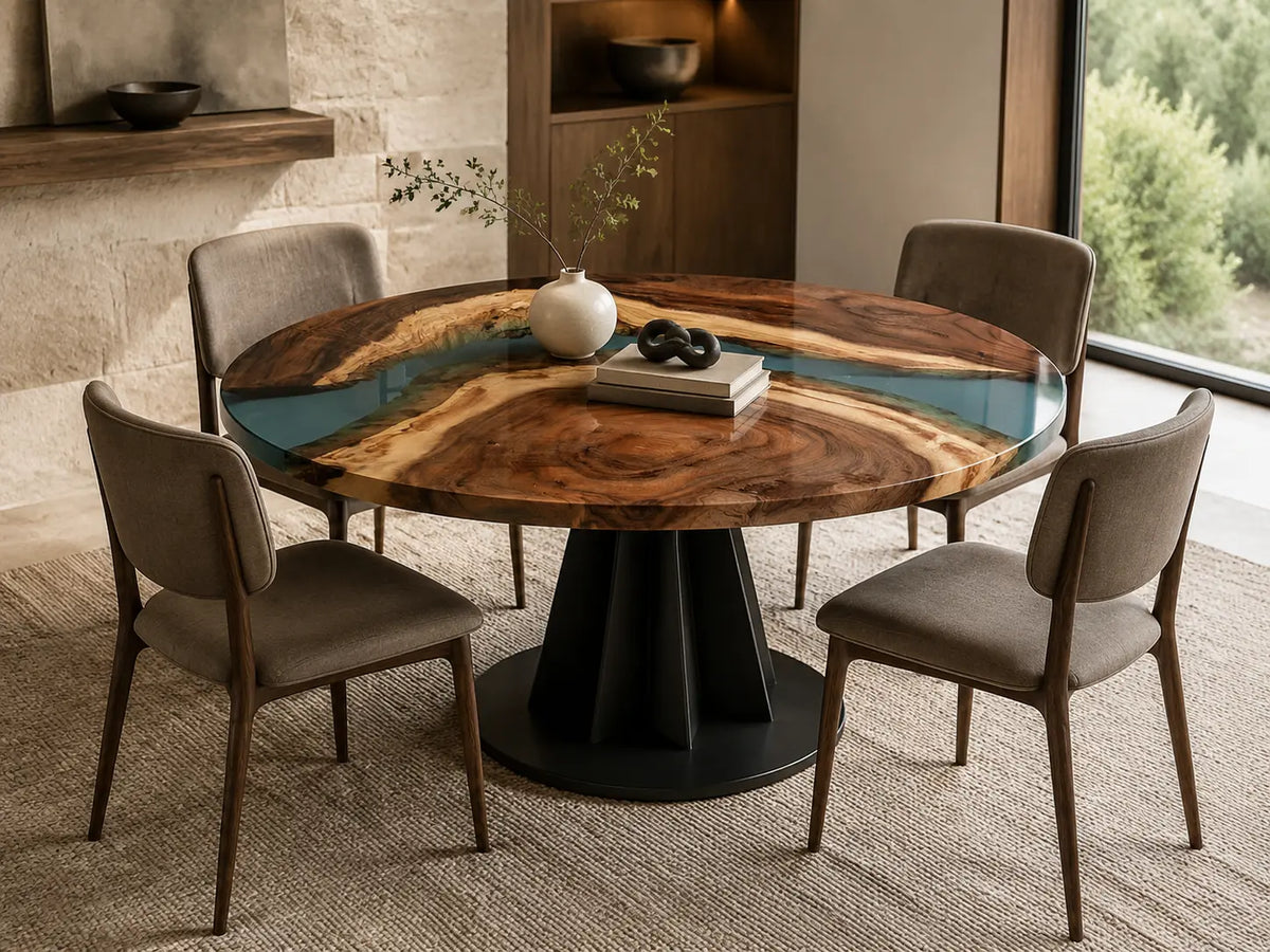ERTC14 Ocean Bend Ocean Blue Epoxy Walnut Round Table featuring handcrafted walnut wood and ocean blue resin