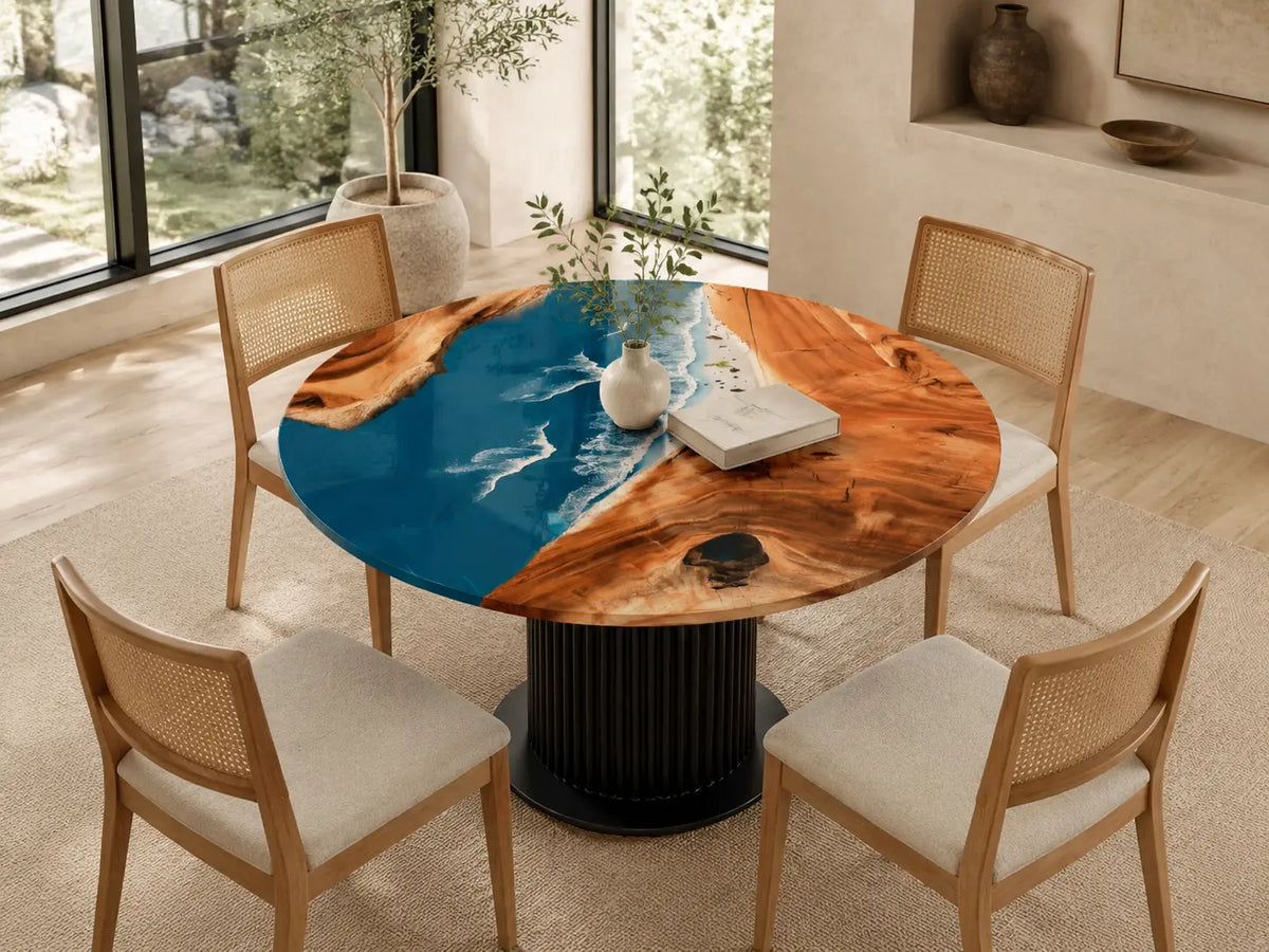 ERTC15 Pacific Arc Ocean Foam Epoxy Walnut Round Table featuring handcrafted walnut wood and ocean foam resin-1
