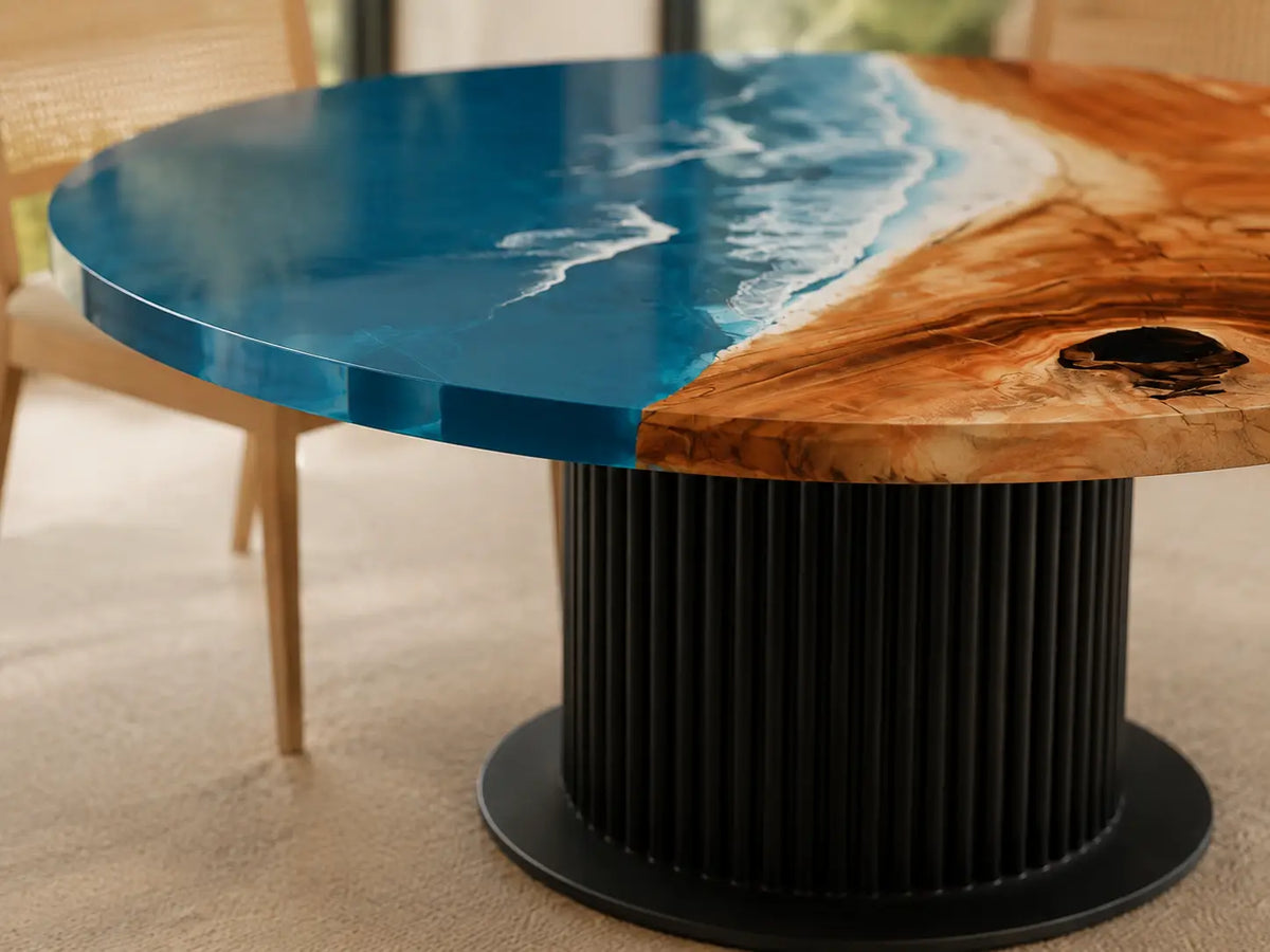 ERTC15 Pacific Arc Ocean Foam Epoxy Walnut Round Table featuring handcrafted walnut wood and ocean foam resin-3