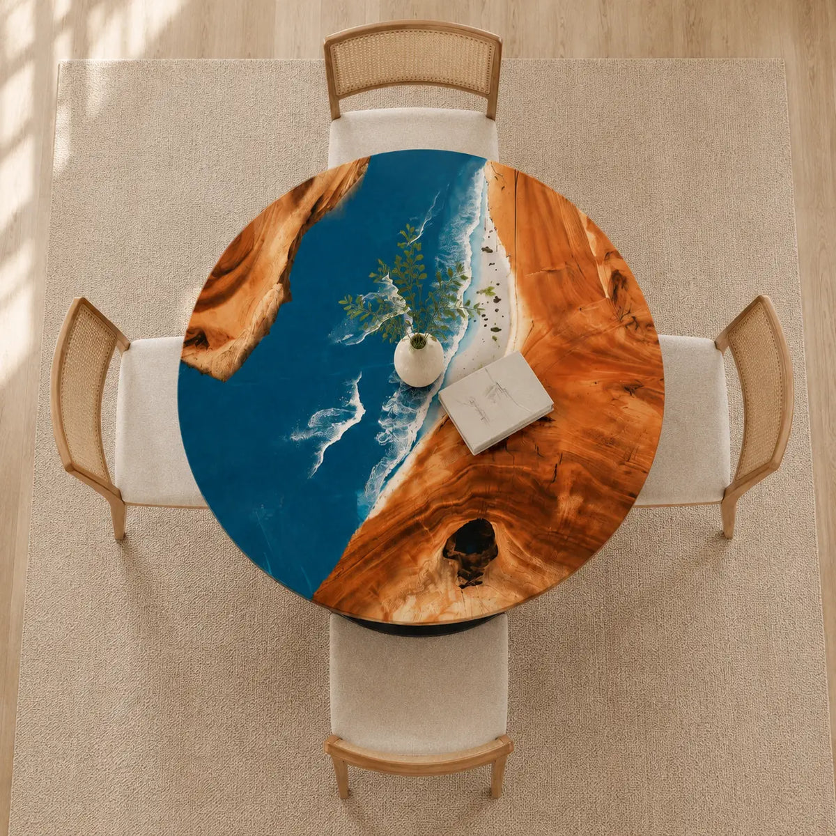 ERTC15 Pacific Arc Ocean Foam Epoxy Walnut Round Table featuring handcrafted walnut wood and ocean foam resin-4