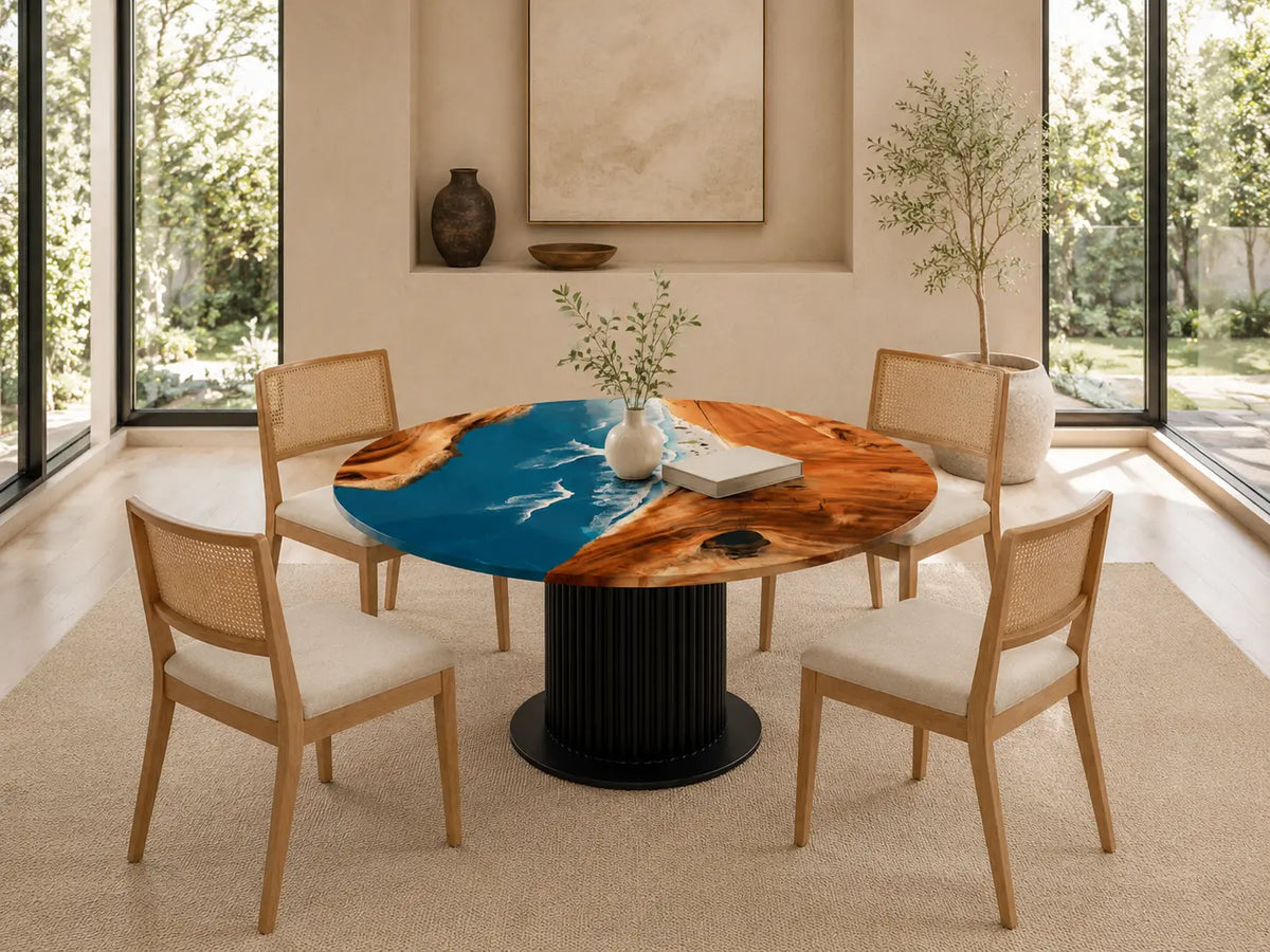 ERTC15 Pacific Arc Ocean Foam Epoxy Walnut Round Table featuring handcrafted walnut wood and ocean foam resin-6