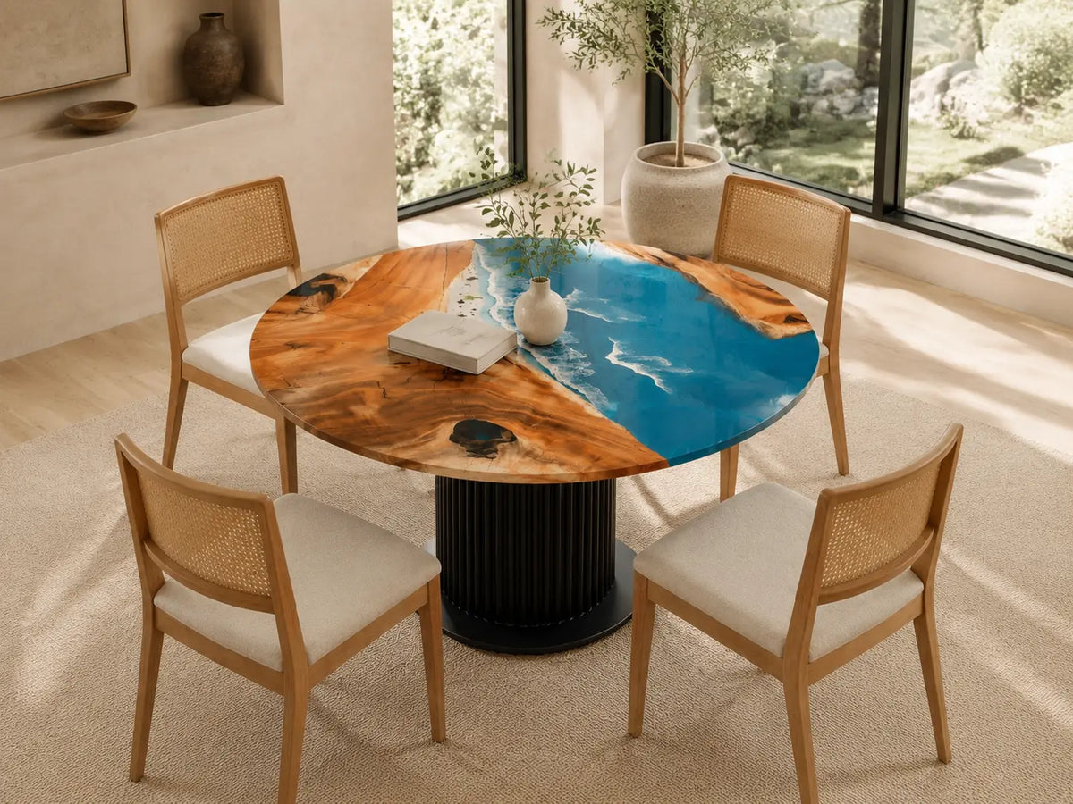 ERTC15 Pacific Arc Ocean Foam Epoxy Walnut Round Table featuring handcrafted walnut wood and ocean foam resin-5