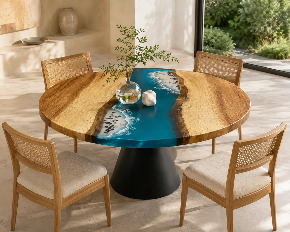 ERTC16 Shoreline Drift Ocean Foam Epoxy Walnut Round Table featuring handcrafted walnut wood and ocean foam resin-1