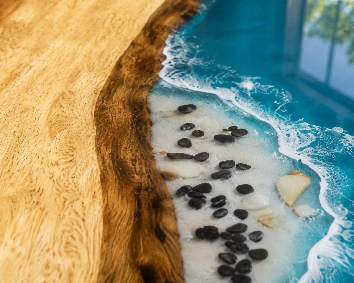 ERTC16 Shoreline Drift Ocean Foam Epoxy Walnut Round Table featuring handcrafted walnut wood and ocean foam resin-2