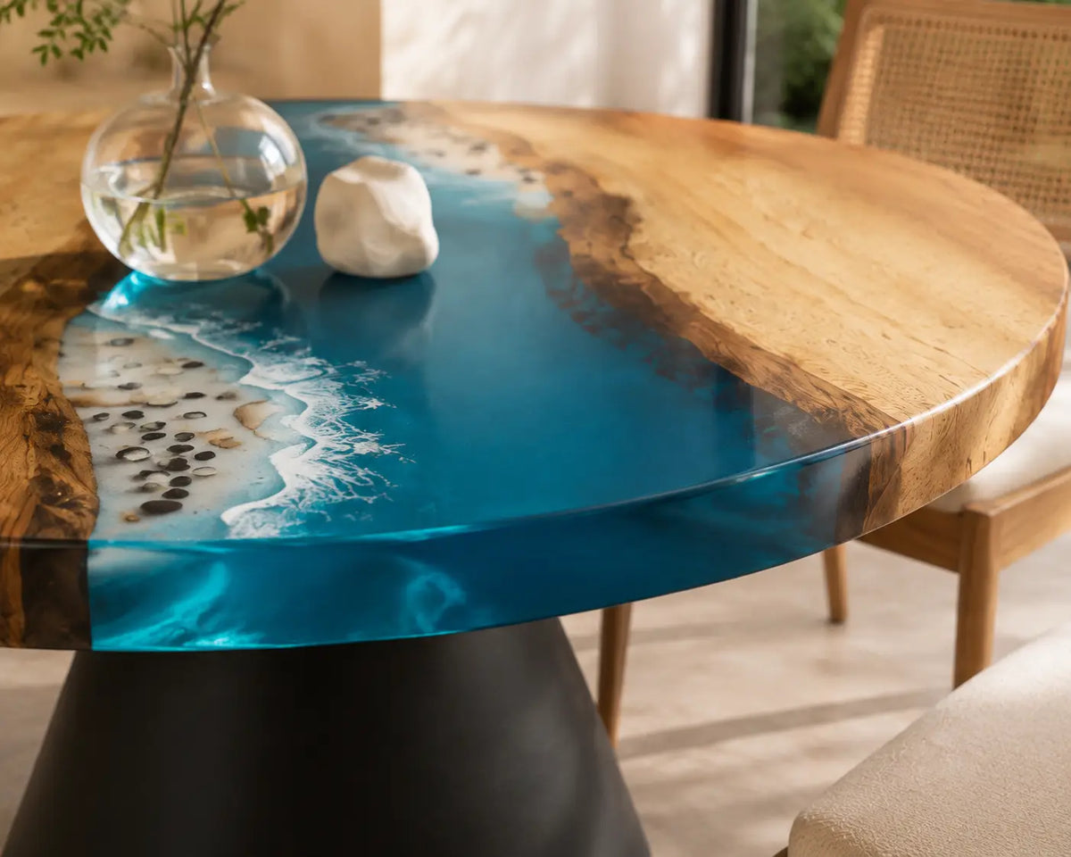 ERTC16 Shoreline Drift Ocean Foam Epoxy Walnut Round Table featuring handcrafted walnut wood and ocean foam resin-3