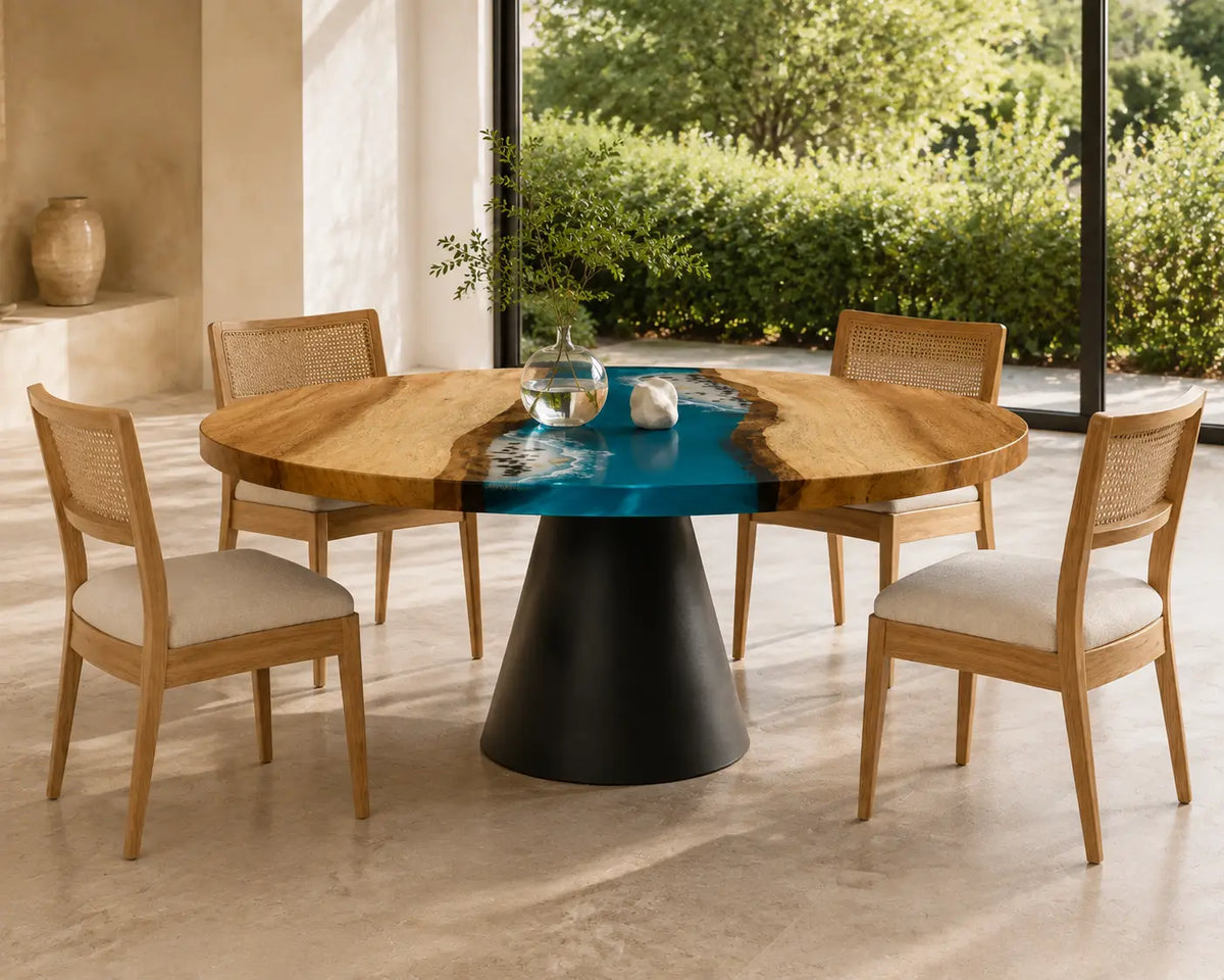 ERTC16 Shoreline Drift Ocean Foam Epoxy Walnut Round Table featuring handcrafted walnut wood and ocean foam resin-4