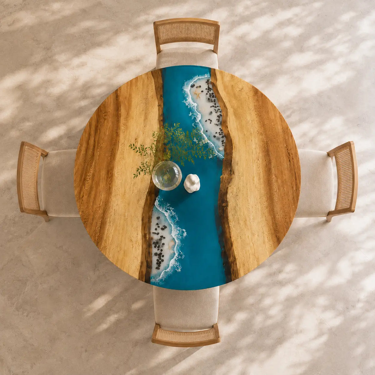 ERTC16 Shoreline Drift Ocean Foam Epoxy Walnut Round Table featuring handcrafted walnut wood and ocean foam resin-5