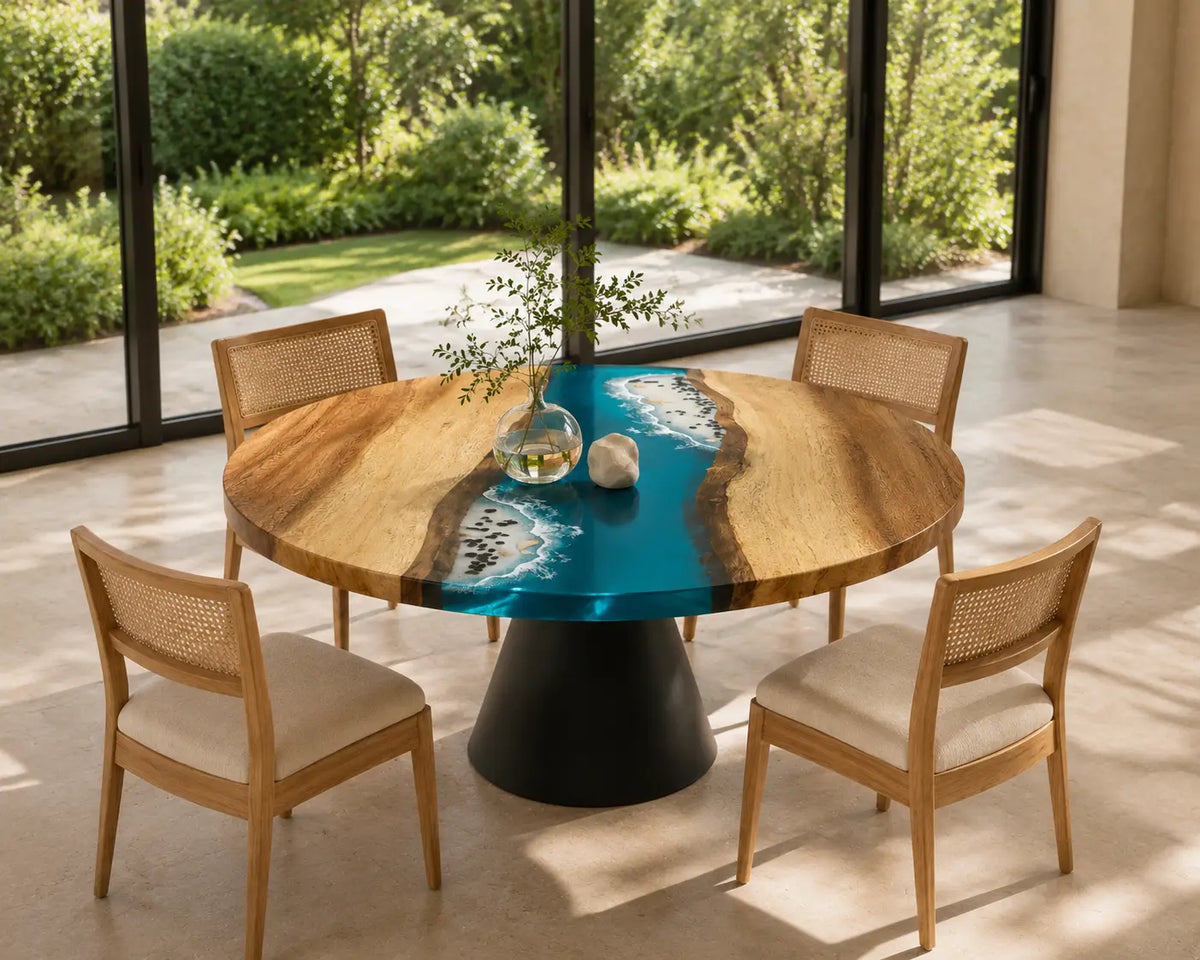 ERTC16 Shoreline Drift Ocean Foam Epoxy Walnut Round Table featuring handcrafted walnut wood and ocean foam resin-6