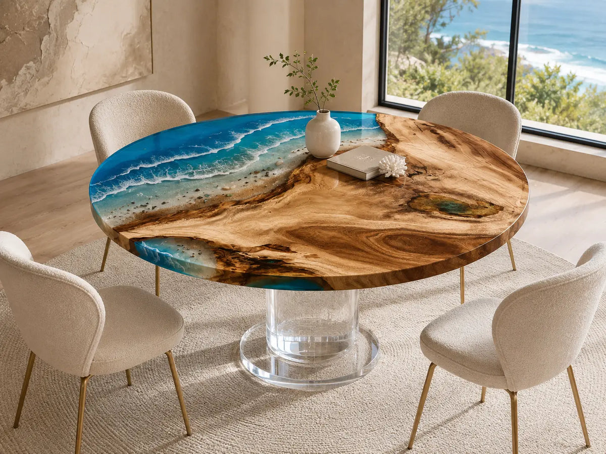 ERTC17 Tidal Circle Ocean Foam Epoxy Walnut Round Table featuring handcrafted walnut wood and ocean foam resin-1