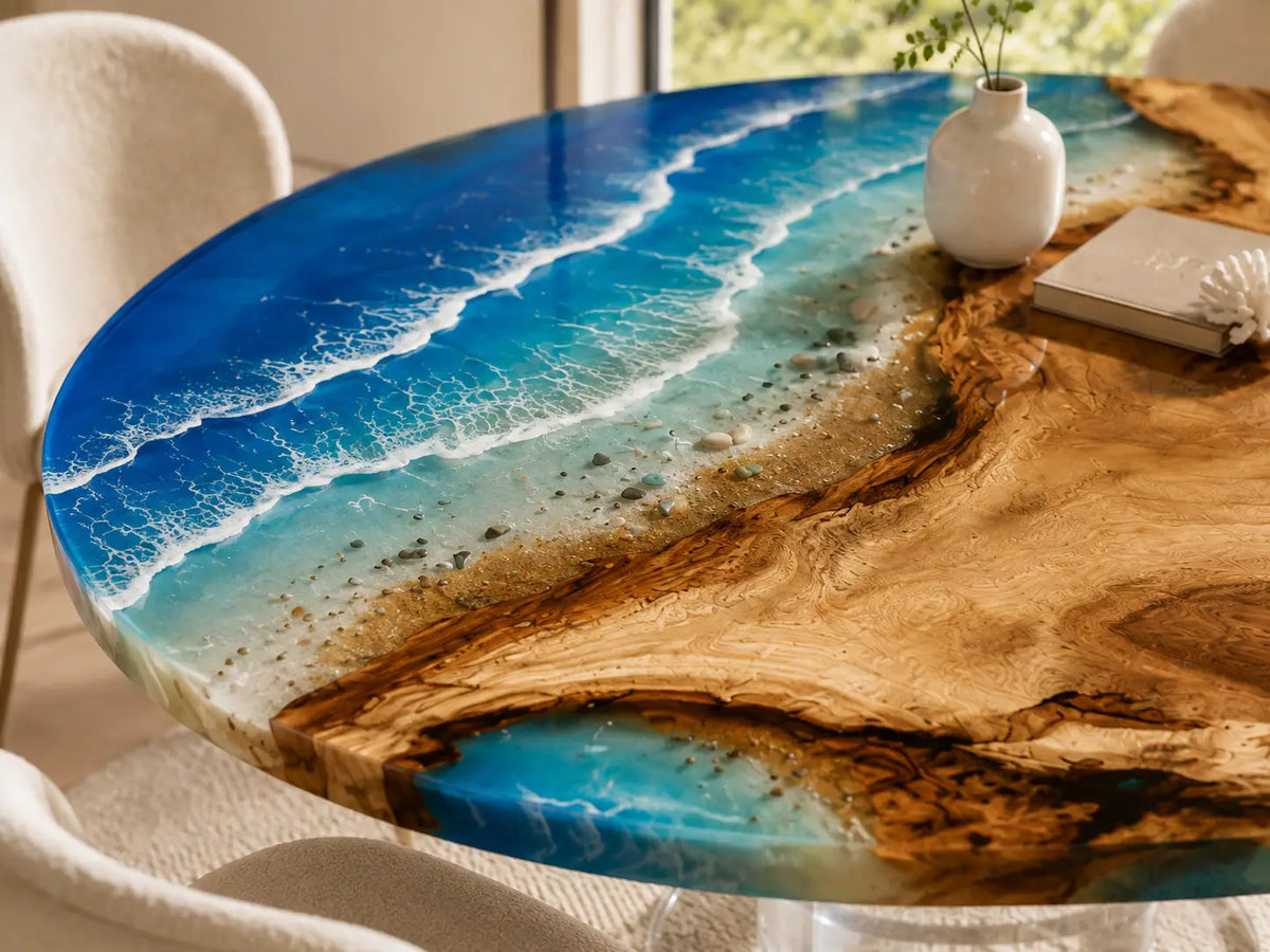 ERTC17 Tidal Circle Ocean Foam Epoxy Walnut Round Table featuring handcrafted walnut wood and ocean foam resin-2