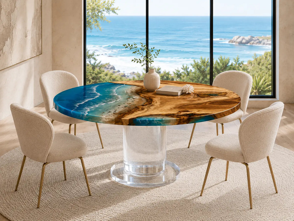 ERTC17 Tidal Circle Ocean Foam Epoxy Walnut Round Table featuring handcrafted walnut wood and ocean foam resin-4