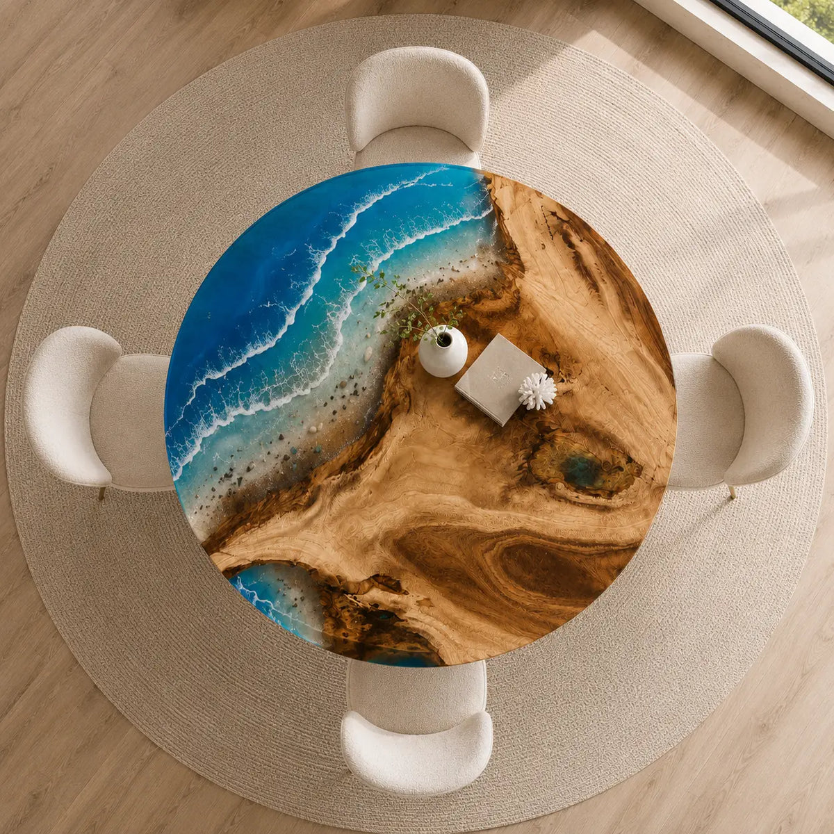 ERTC17 Tidal Circle Ocean Foam Epoxy Walnut Round Table featuring handcrafted walnut wood and ocean foam resin-5