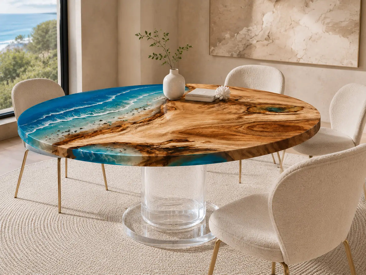 ERTC17 Tidal Circle Ocean Foam Epoxy Walnut Round Table featuring handcrafted walnut wood and ocean foam resin-6