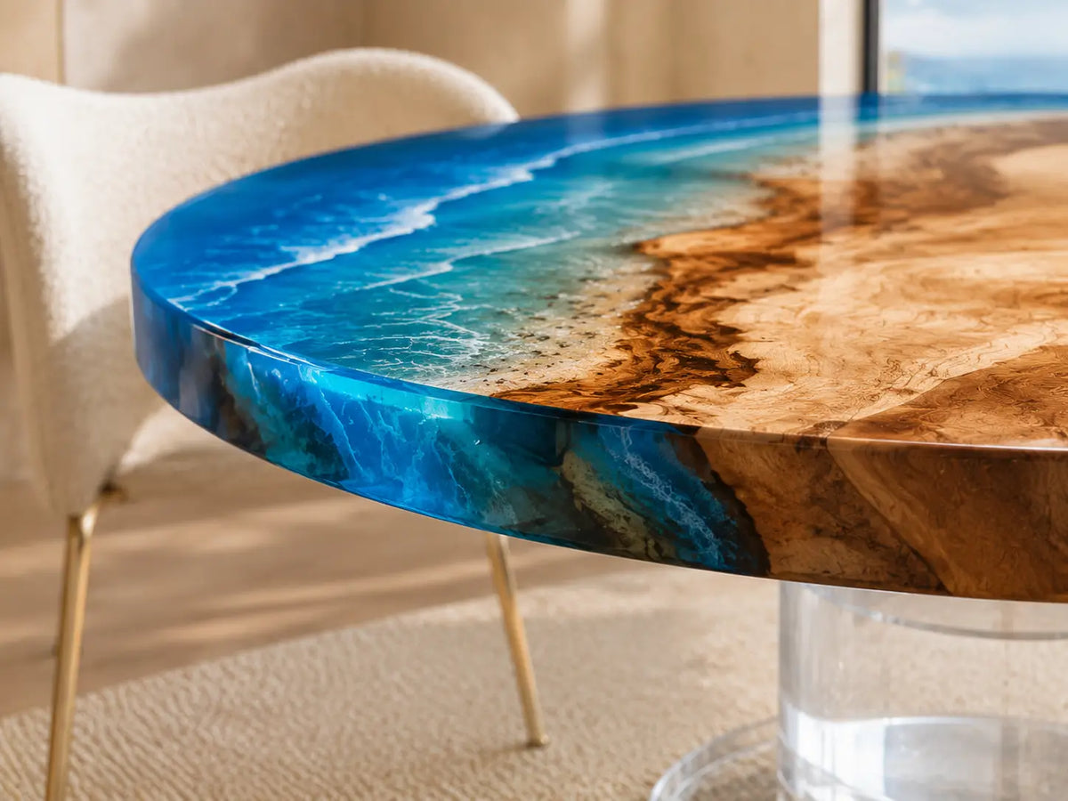 ERTC17 Tidal Circle Ocean Foam Epoxy Walnut Round Table featuring handcrafted walnut wood and ocean foam resin-3