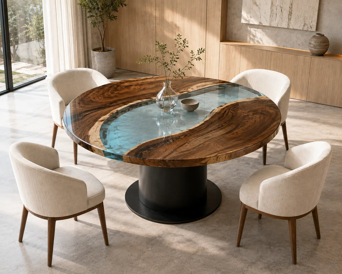 ERTC18 Crystal Lagoon Crystal Blue Epoxy Walnut Round Table featuring handcrafted walnut wood and crystal blue resin-1