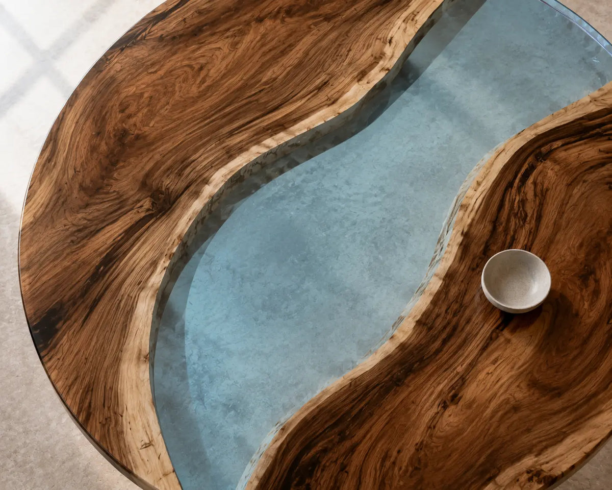 ERTC18 Crystal Lagoon Crystal Blue Epoxy Walnut Round Table featuring handcrafted walnut wood and crystal blue resin-2