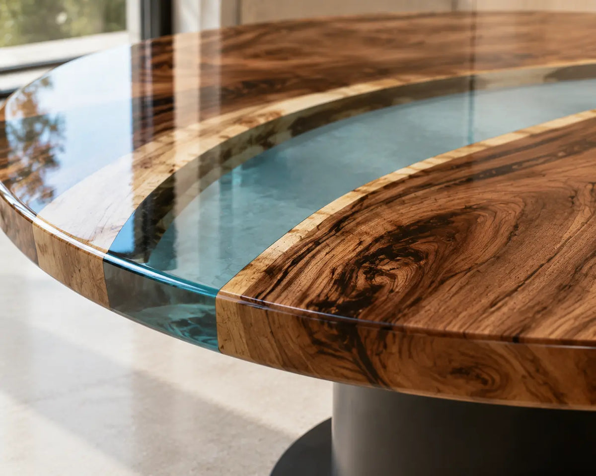 ERTC18 Crystal Lagoon Crystal Blue Epoxy Walnut Round Table featuring handcrafted walnut wood and crystal blue resin-3