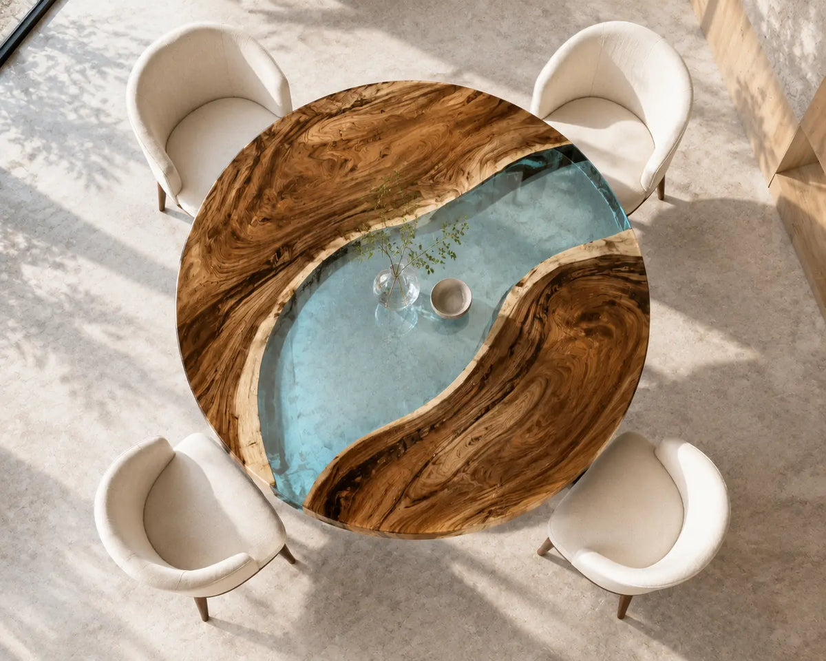 ERTC18 Crystal Lagoon Crystal Blue Epoxy Walnut Round Table featuring handcrafted walnut wood and crystal blue resin-4