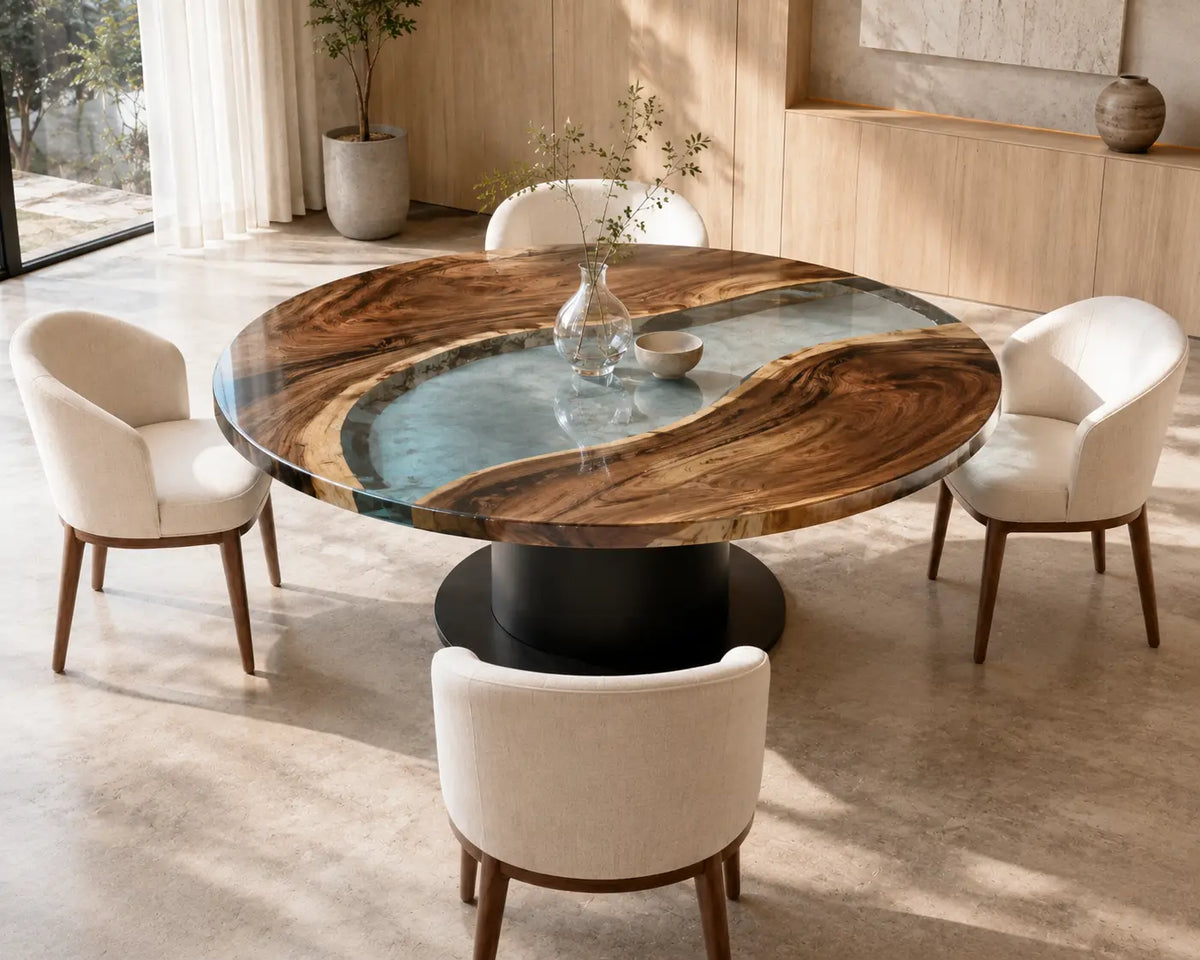 ERTC18 Crystal Lagoon Crystal Blue Epoxy Walnut Round Table featuring handcrafted walnut wood and crystal blue resin-5