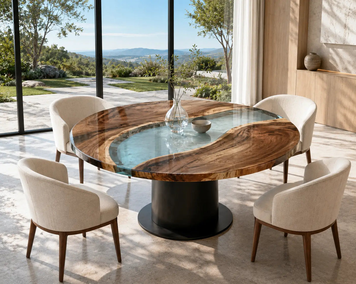 ERTC18 Crystal Lagoon Crystal Blue Epoxy Walnut Round Table featuring handcrafted walnut wood and crystal blue resin-6