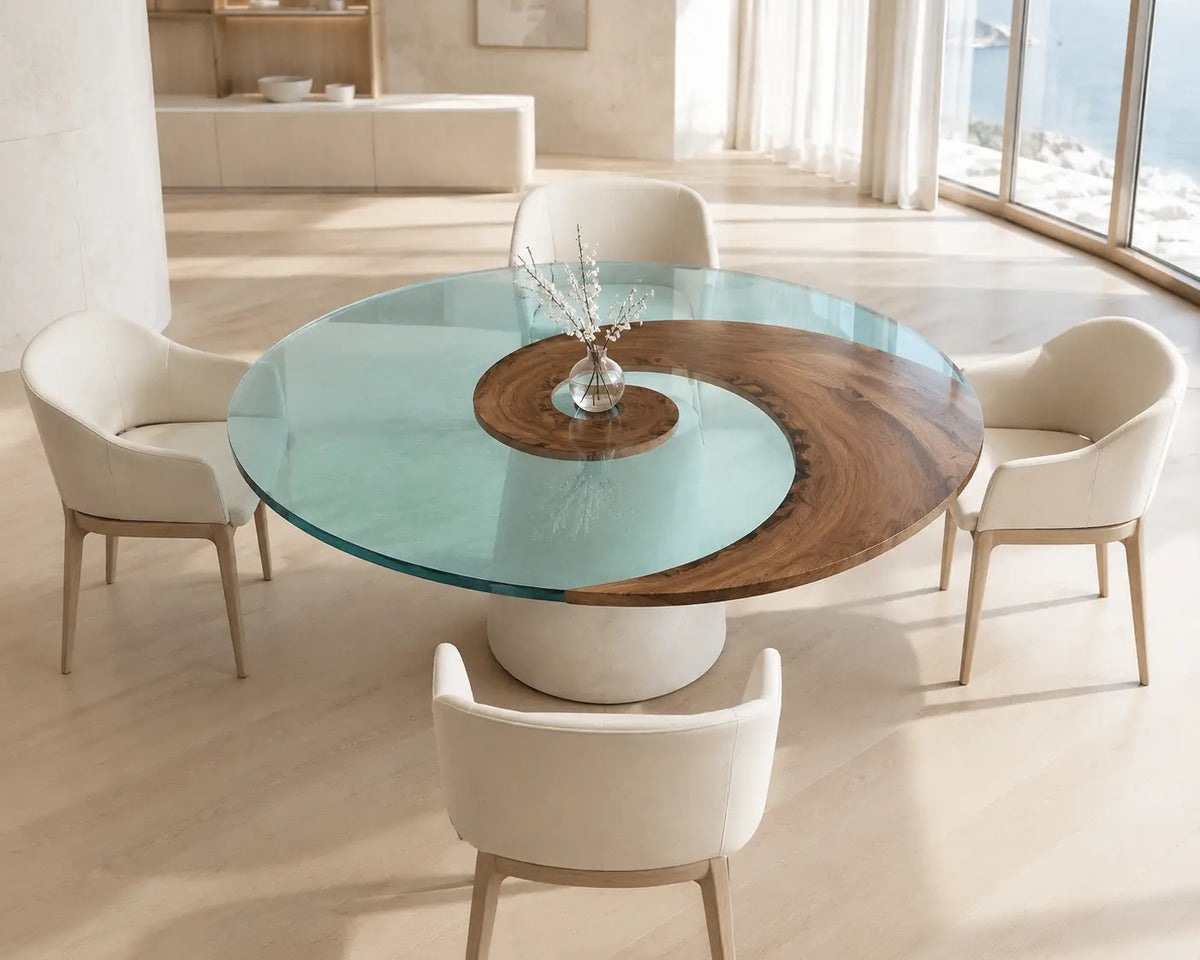 ERTC19 Glasswater Ring Crystal Blue Clear Epoxy Walnut Round Table featuring handcrafted walnut wood and crystal blue clear resin-1