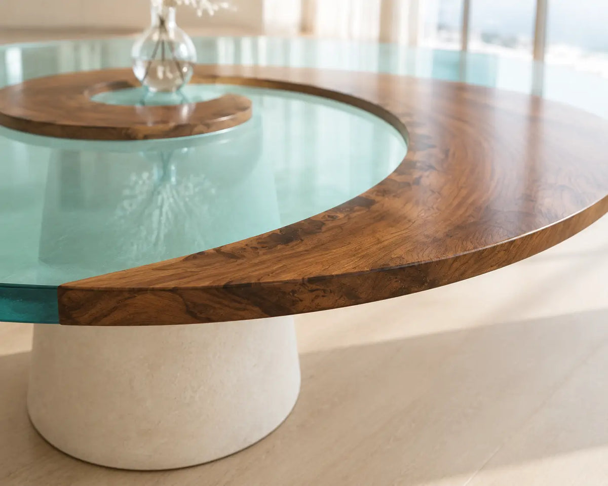 ERTC19 Glasswater Ring Crystal Blue Clear Epoxy Walnut Round Table featuring handcrafted walnut wood and crystal blue clear resin-2