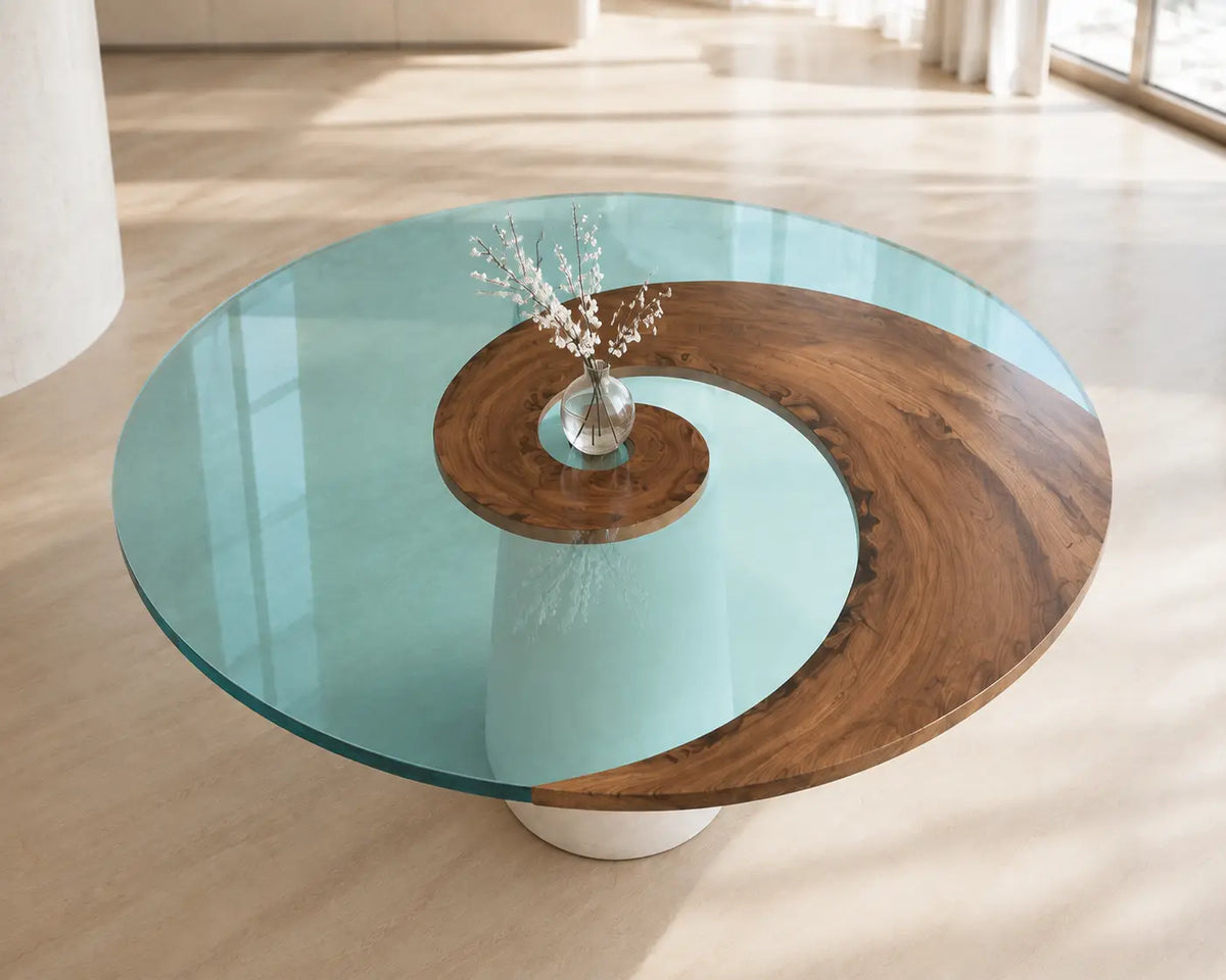 ERTC19 Glasswater Ring Crystal Blue Clear Epoxy Walnut Round Table featuring handcrafted walnut wood and crystal blue clear resin-4