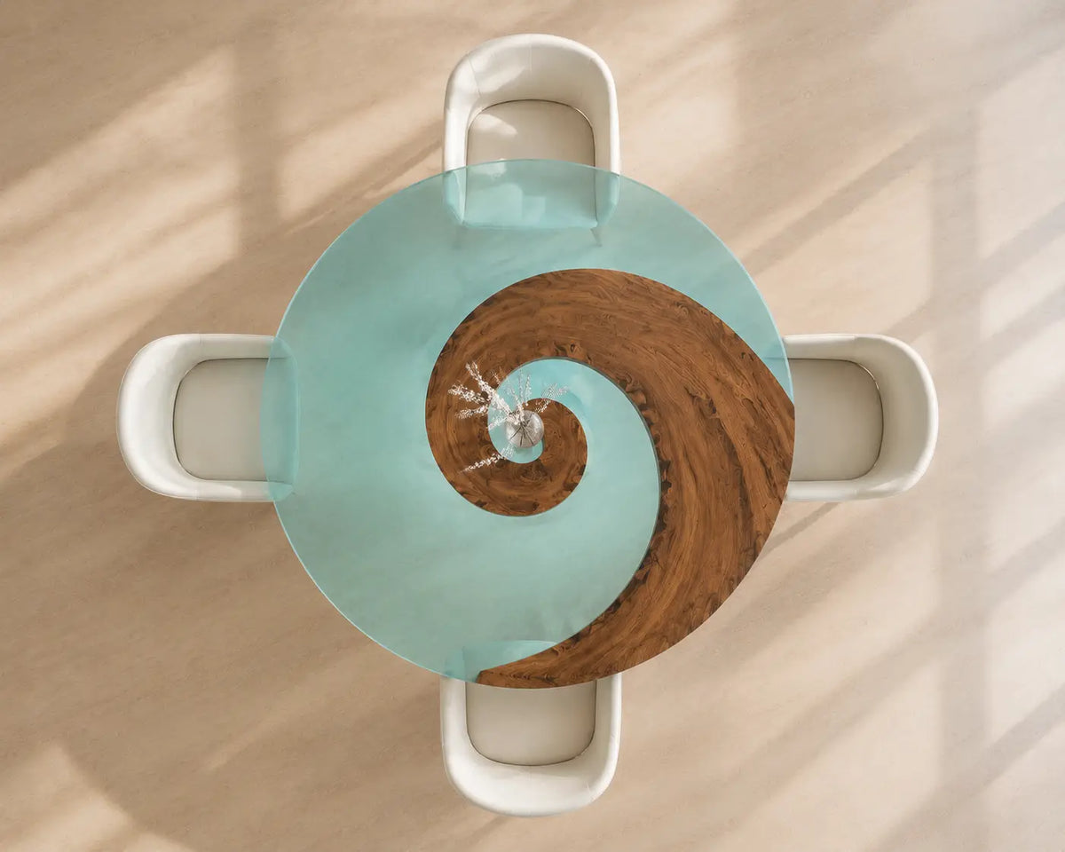 ERTC19 Glasswater Ring Crystal Blue Clear Epoxy Walnut Round Table featuring handcrafted walnut wood and crystal blue clear resin-5