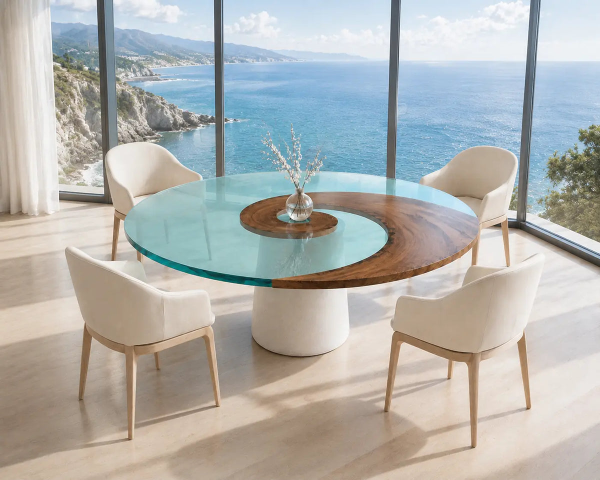 ERTC19 Glasswater Ring Crystal Blue Clear Epoxy Walnut Round Table featuring handcrafted walnut wood and crystal blue clear resin-6
