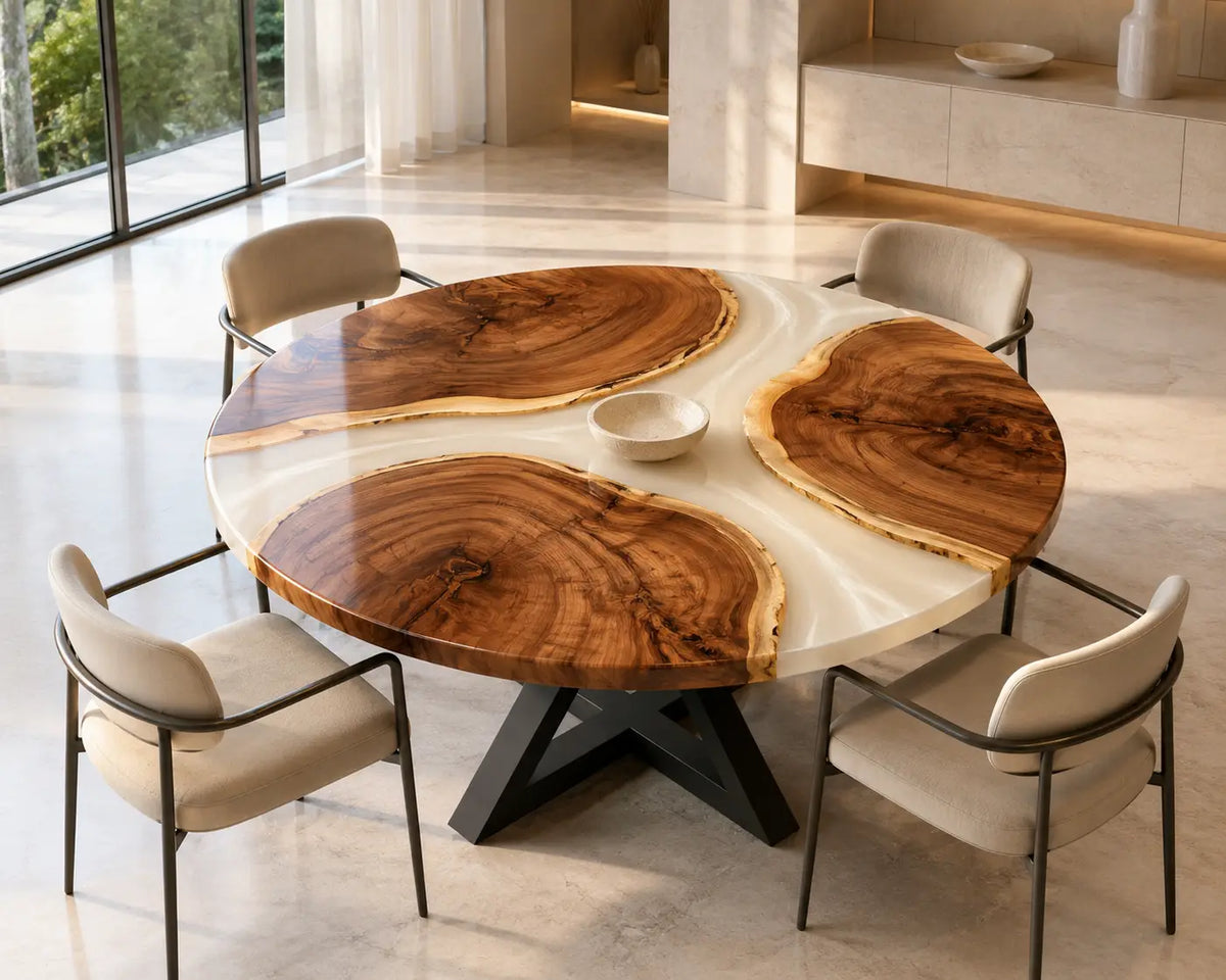 ERTC20 Ivory Triskelion Pearl White Epoxy Walnut Round Table featuring handcrafted walnut wood and pearl white resin-1