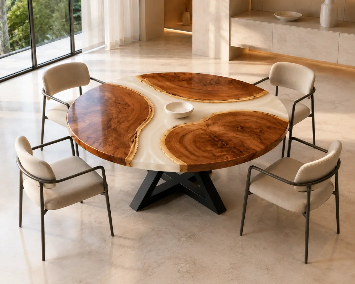 ERTC20 Ivory Triskelion Pearl White Epoxy Walnut Round Table featuring handcrafted walnut wood and pearl white resin-5