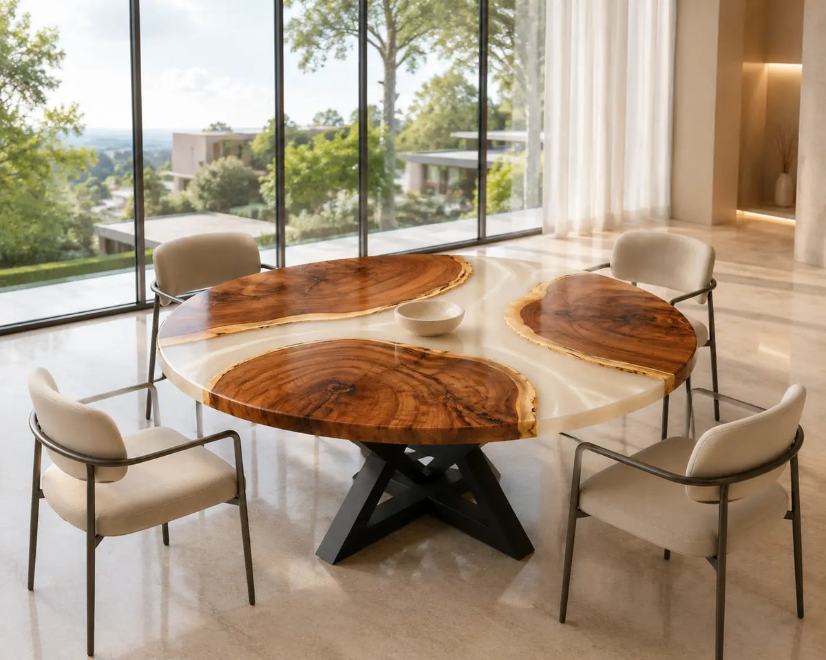 ERTC20 Ivory Triskelion Pearl White Epoxy Walnut Round Table featuring handcrafted walnut wood and pearl white resin-6