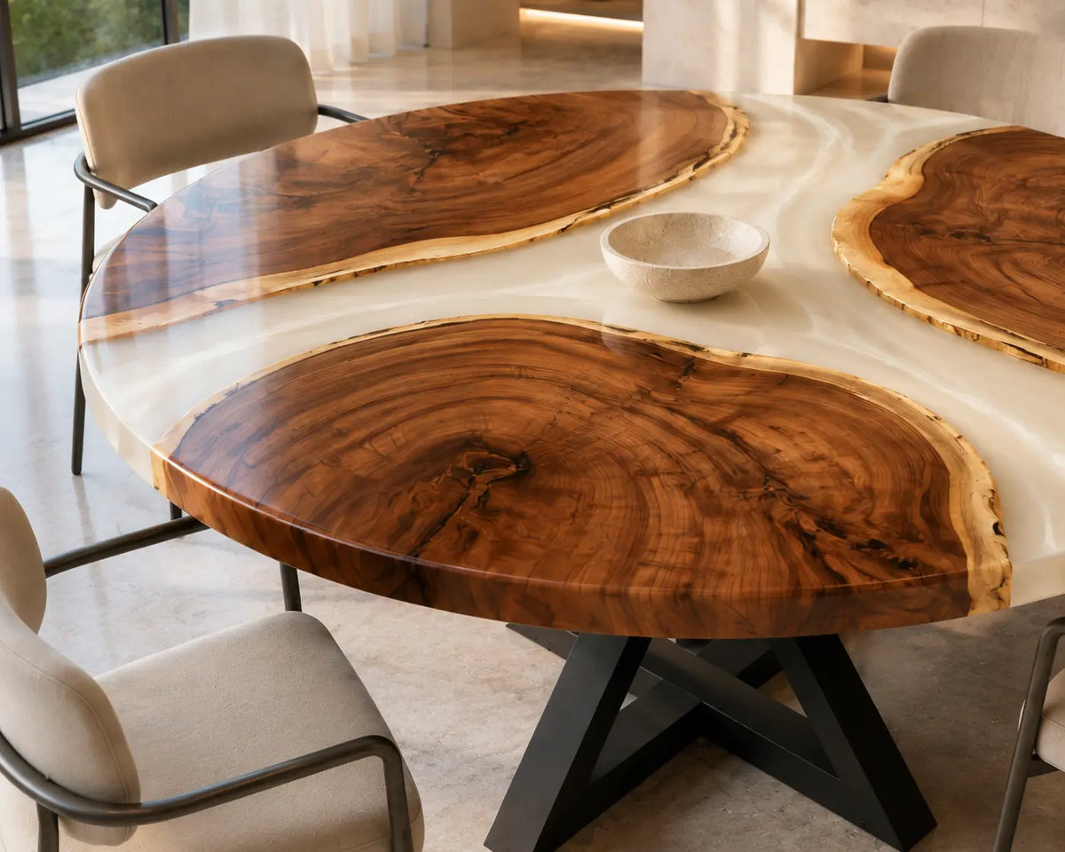 ERTC20 Ivory Triskelion Pearl White Epoxy Walnut Round Table featuring handcrafted walnut wood and pearl white resin-2