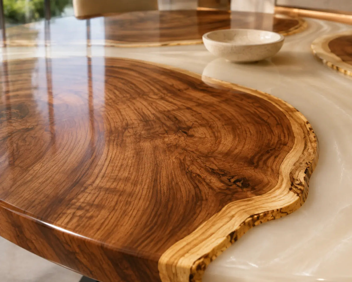 ERTC20 Ivory Triskelion Pearl White Epoxy Walnut Round Table featuring handcrafted walnut wood and pearl white resin-3