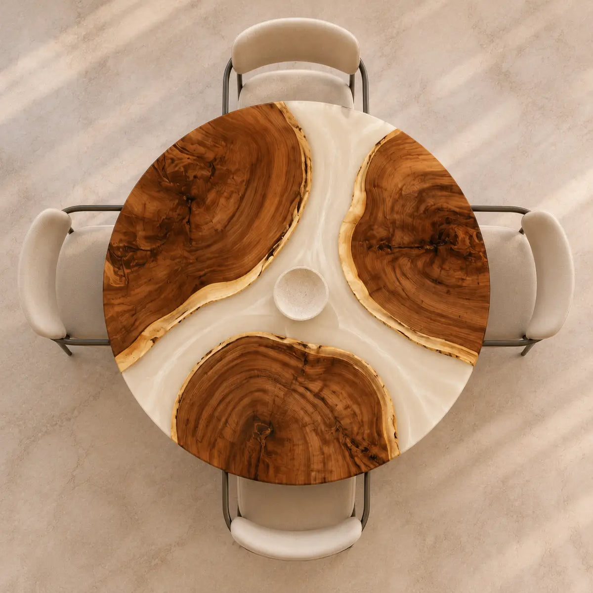 ERTC20 Ivory Triskelion Pearl White Epoxy Walnut Round Table featuring handcrafted walnut wood and pearl white resin-4
